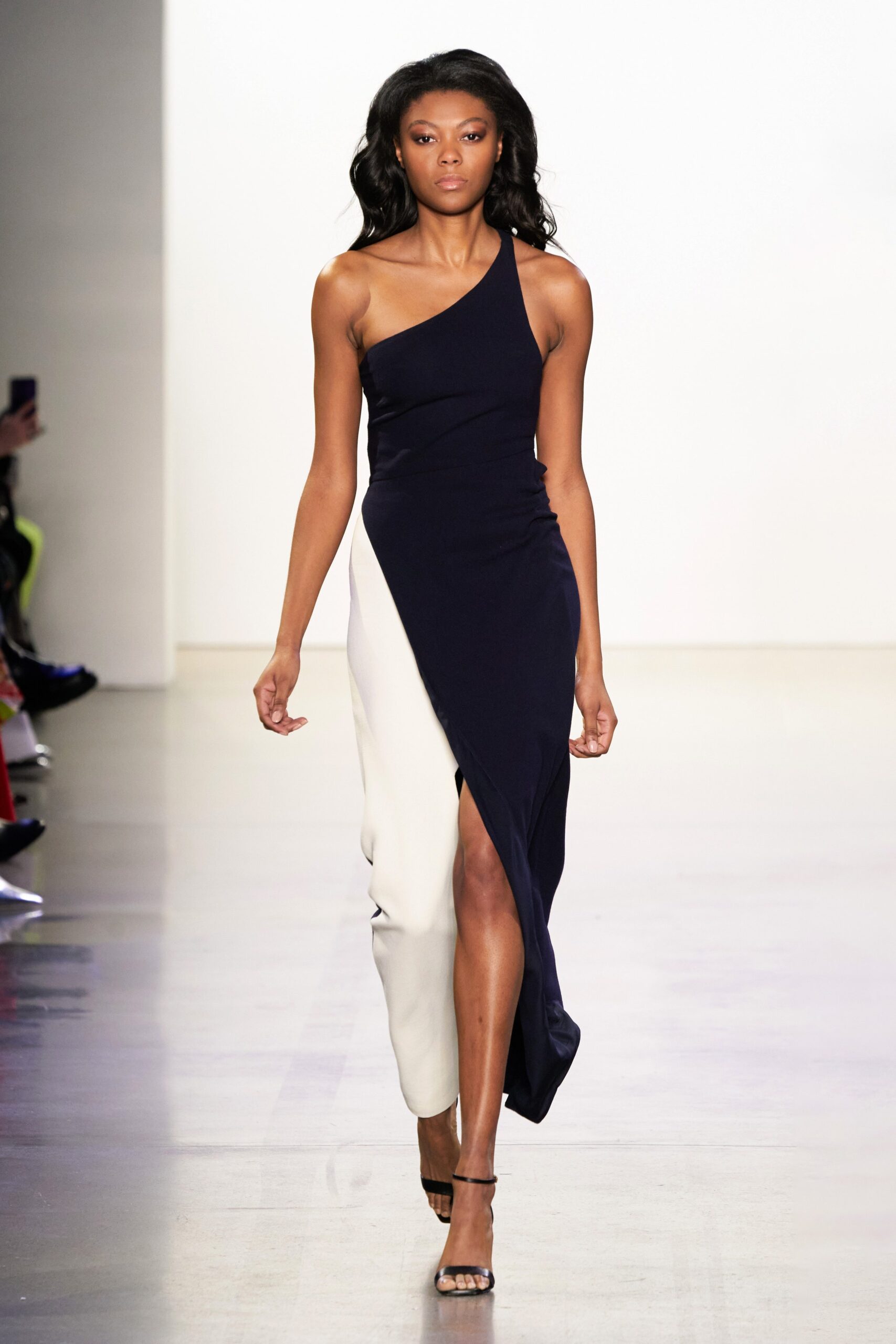 navy and white asymmetric dress