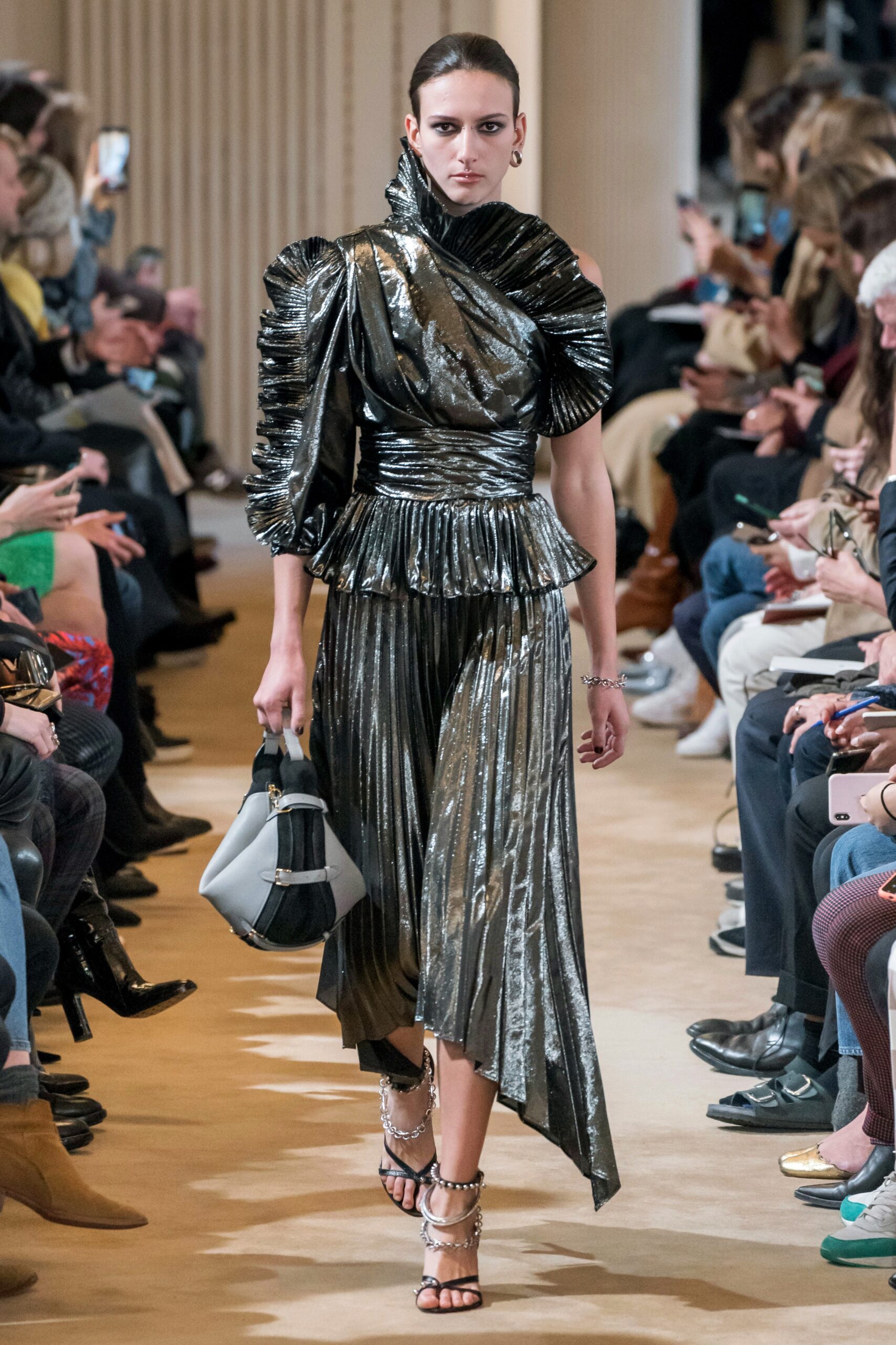 black silk asymmetric off-shoulder fitted pleated draped dress