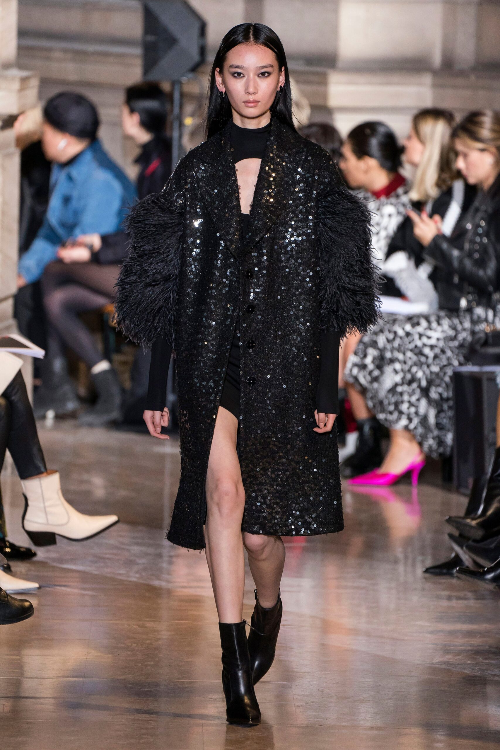 black sequin long-sleeve v-neck fitted draped shiny coat
