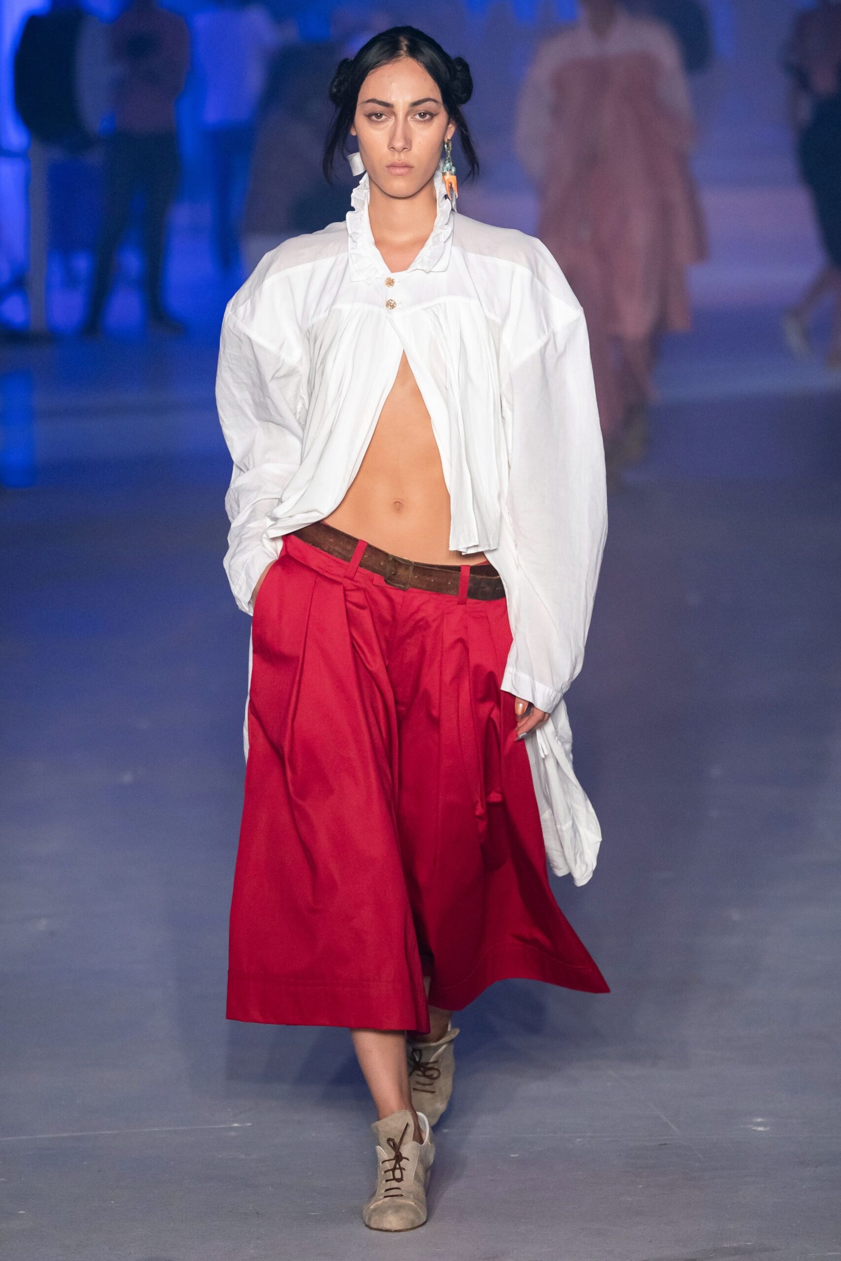 oversized white shirt and red pants
