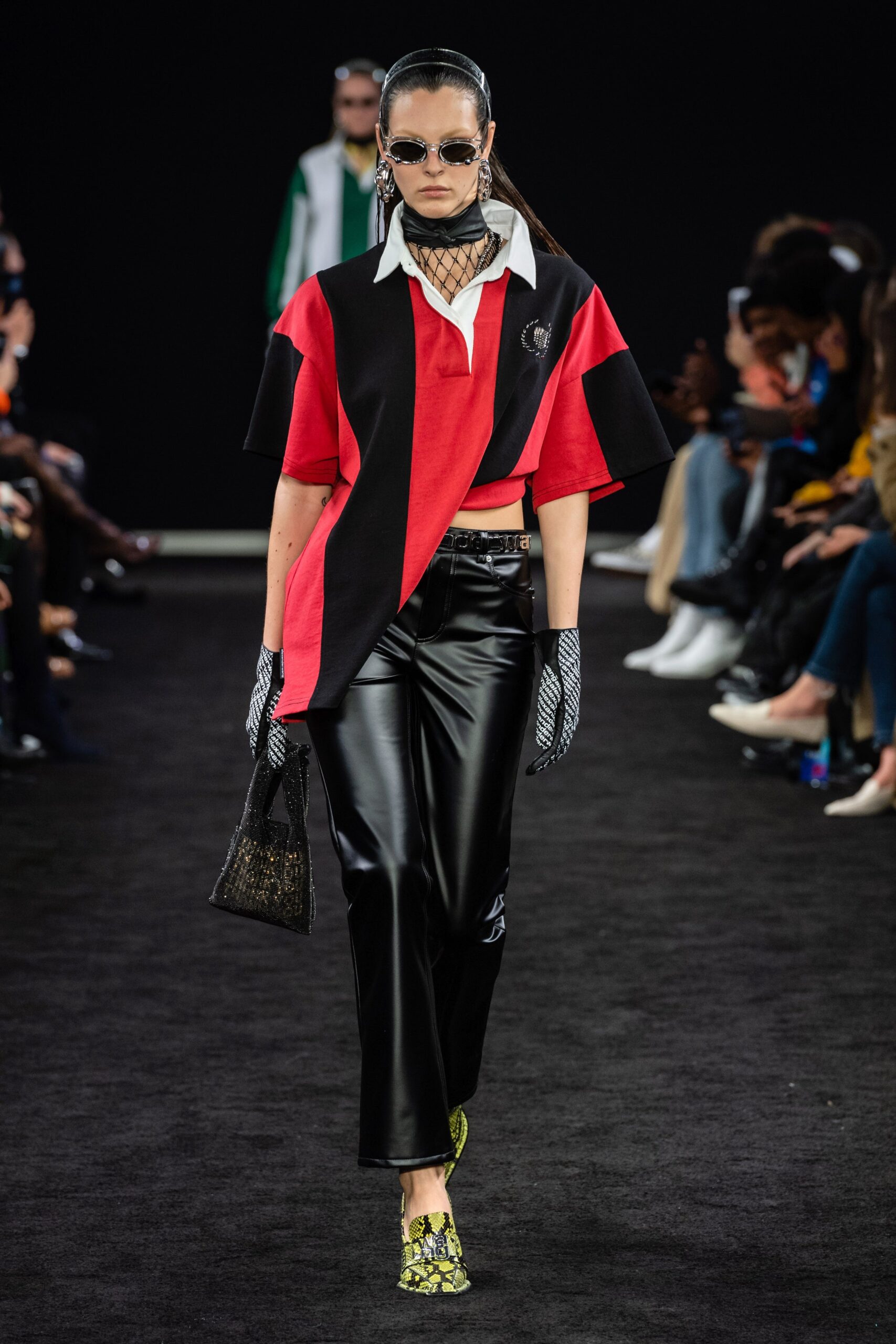 red short-sleeve collared relaxed color-blocked top
