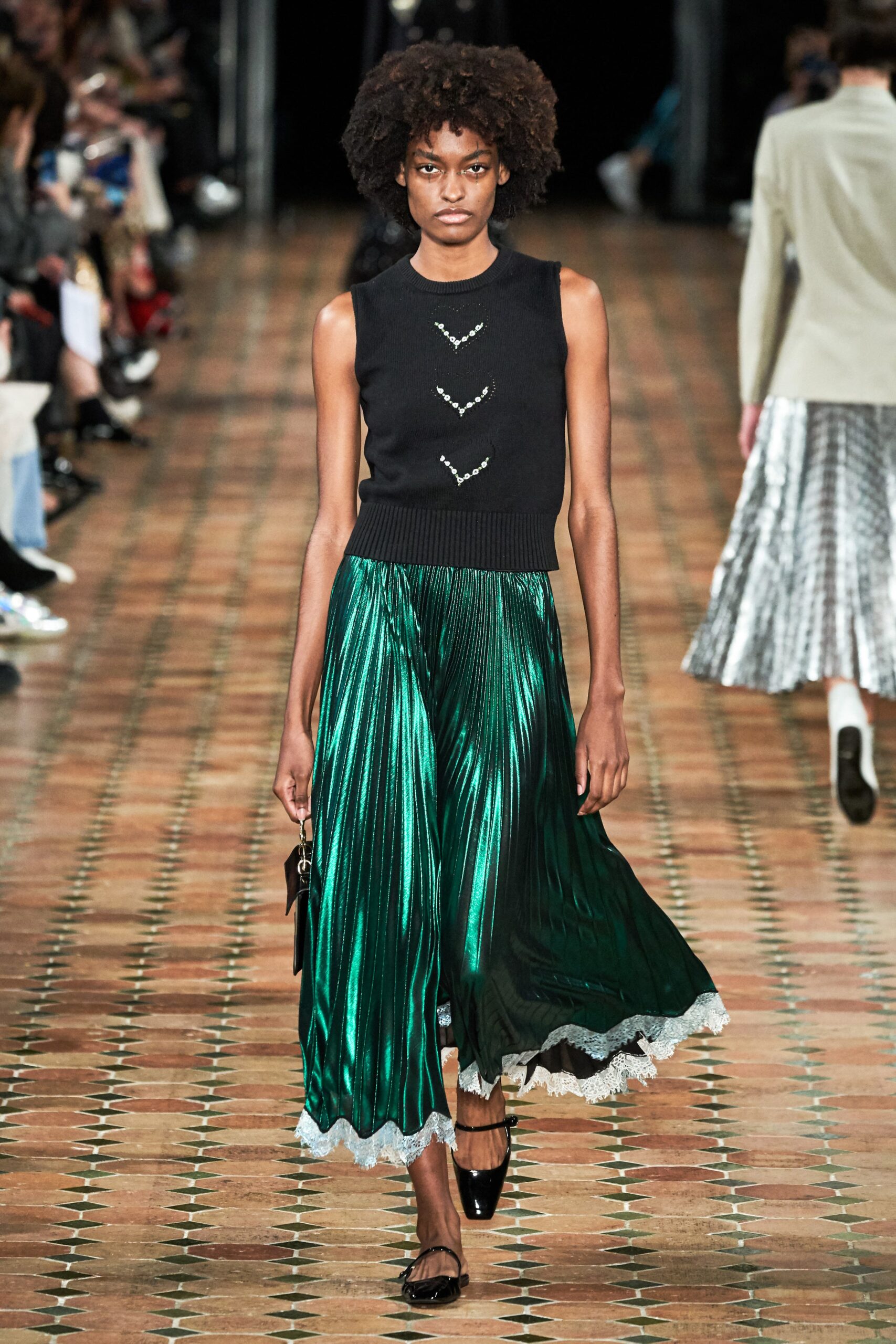 green silk relaxed pleated flowing midi skirt