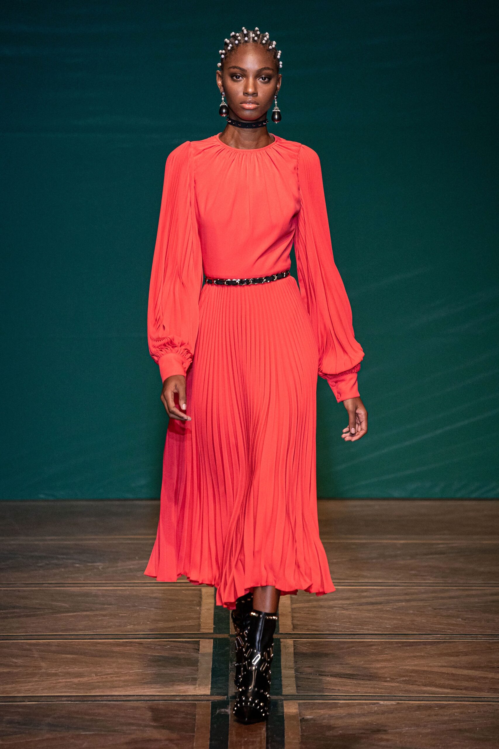red silk long-sleeve pleated dress