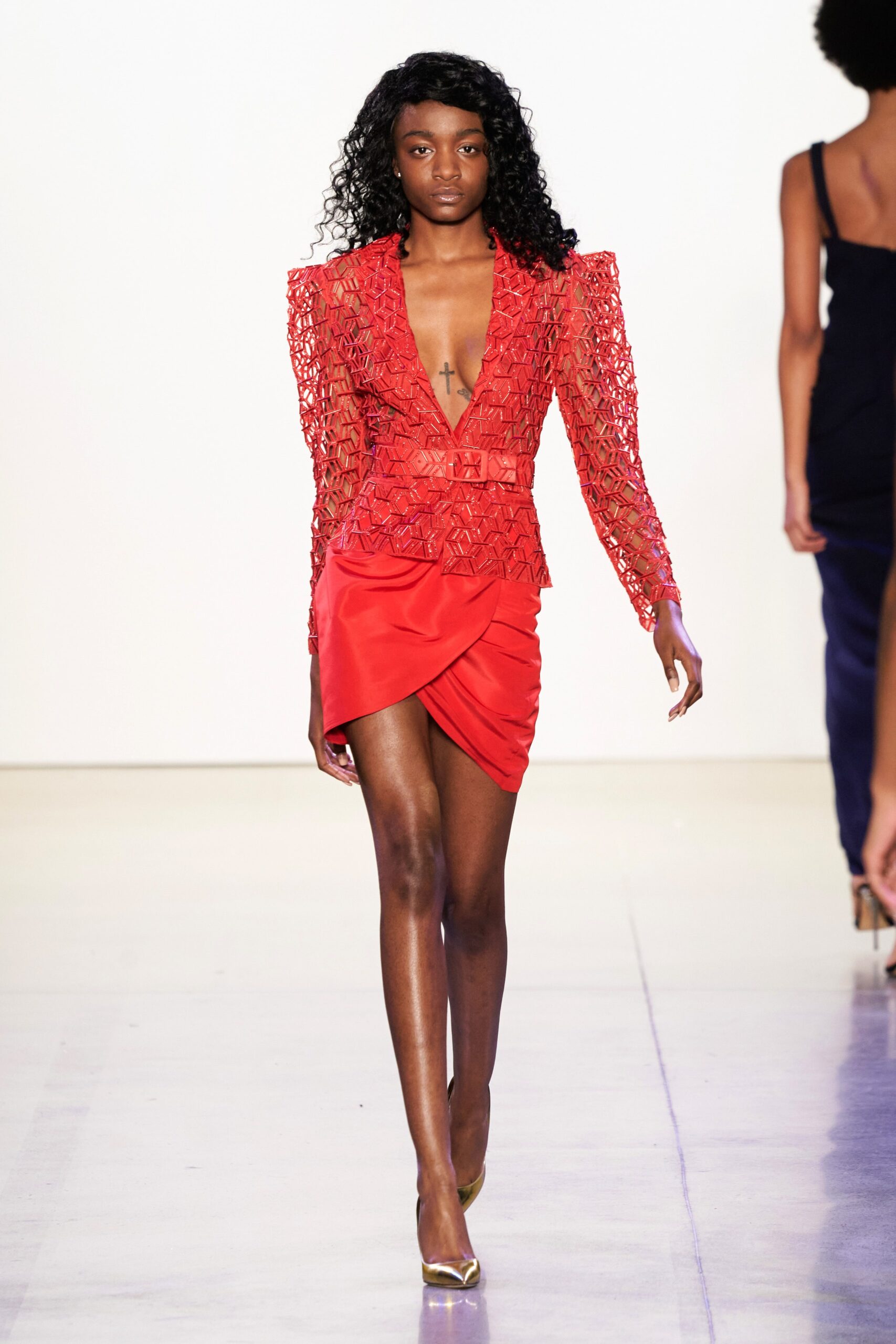 red silk asymmetric fitted draped skirt