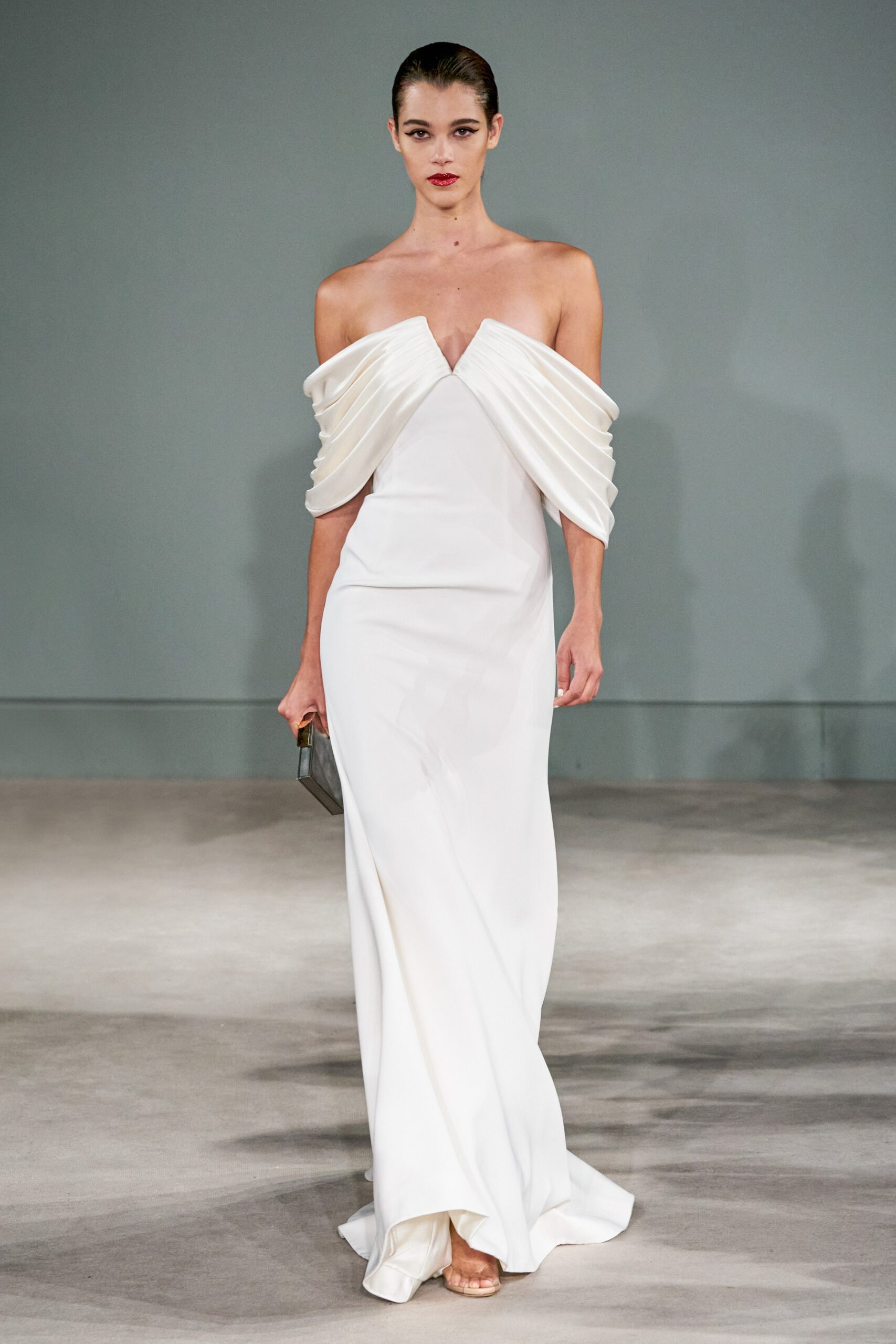 white silk off-shoulder gown