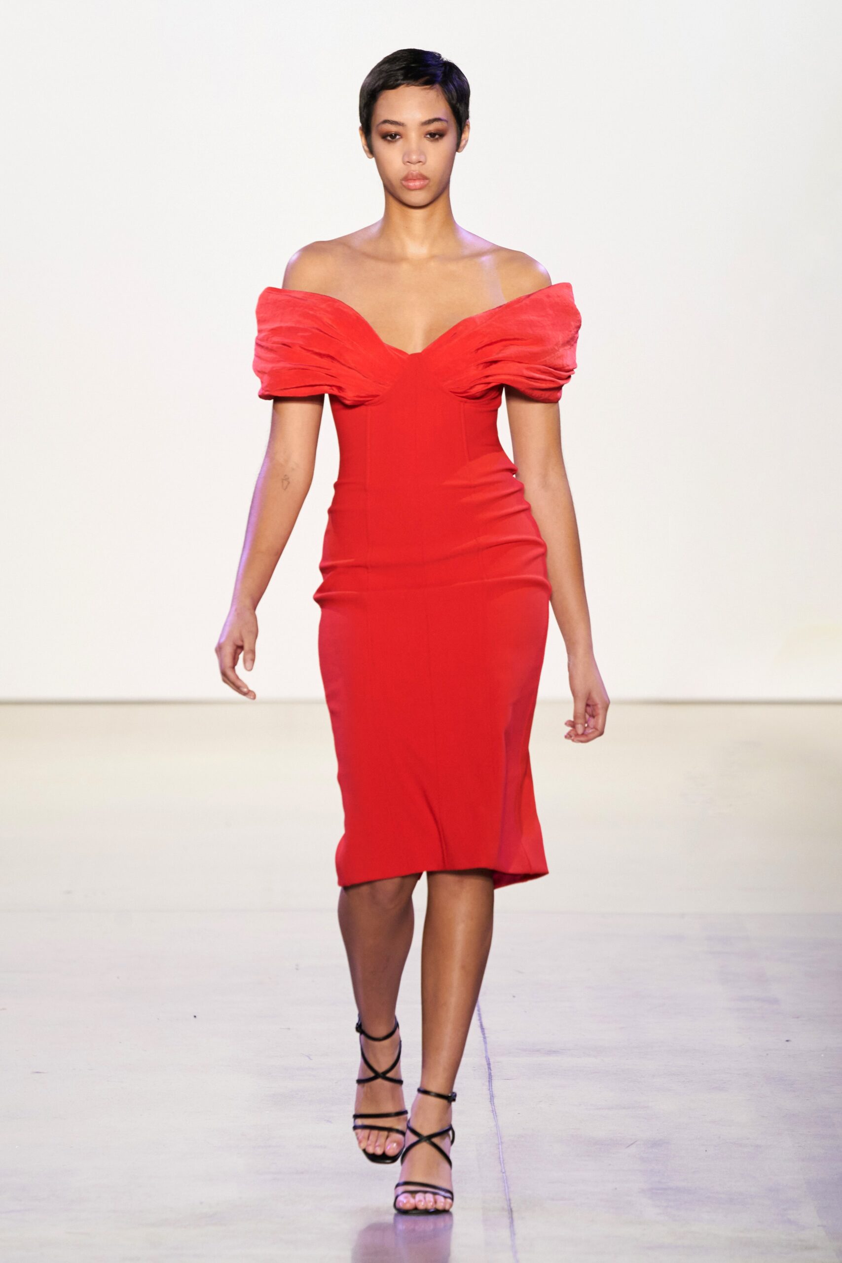 fitted red off-shoulder dress