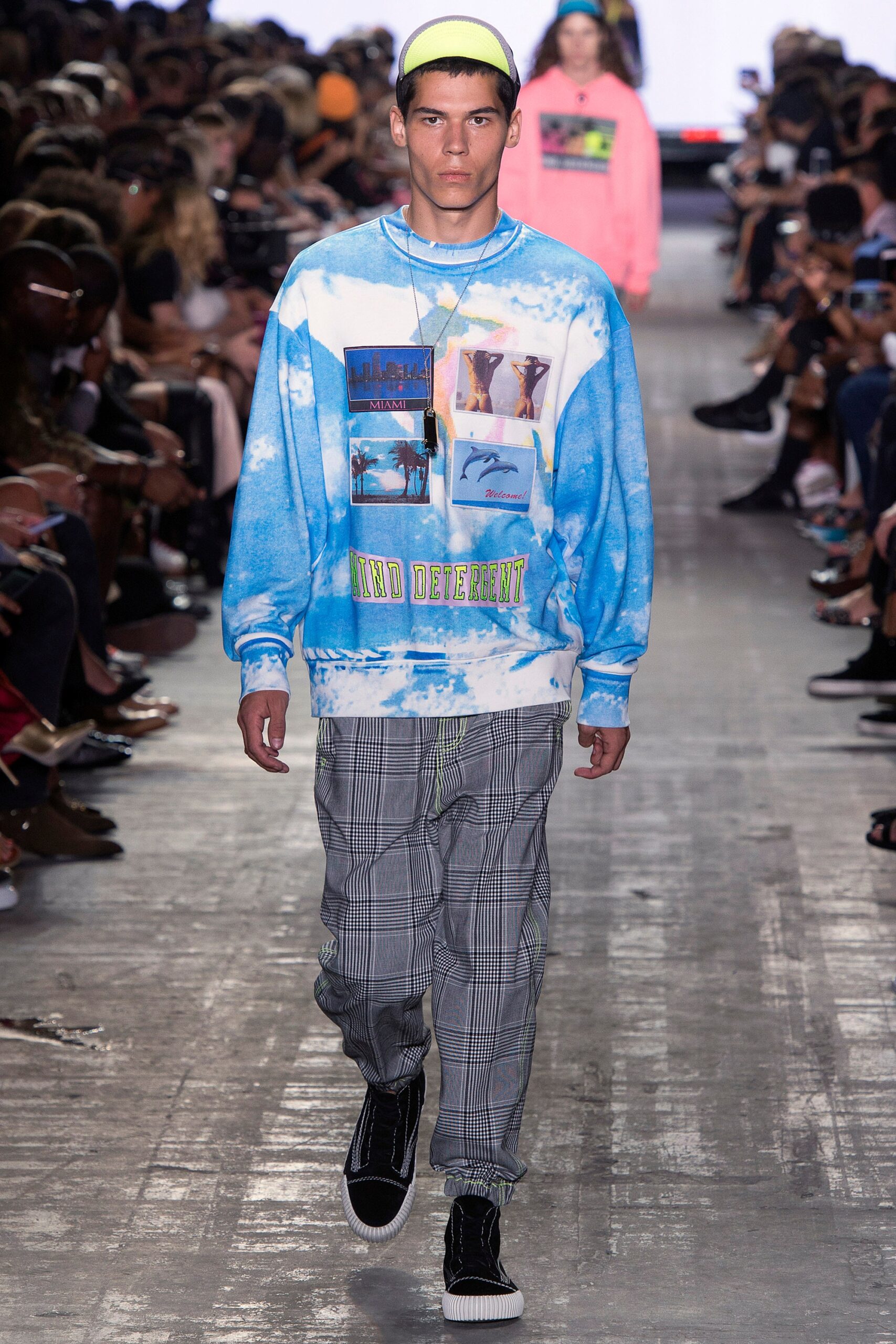 blue cotton long-sleeve collared relaxed printed sweater
