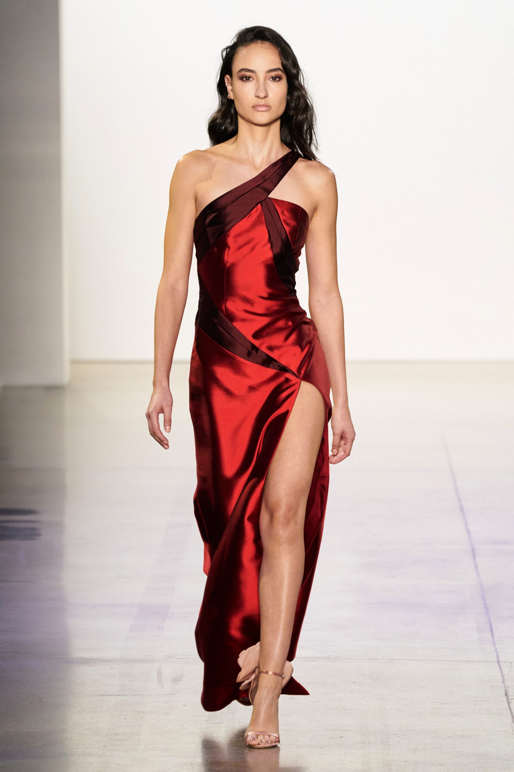 red silk fitted gown