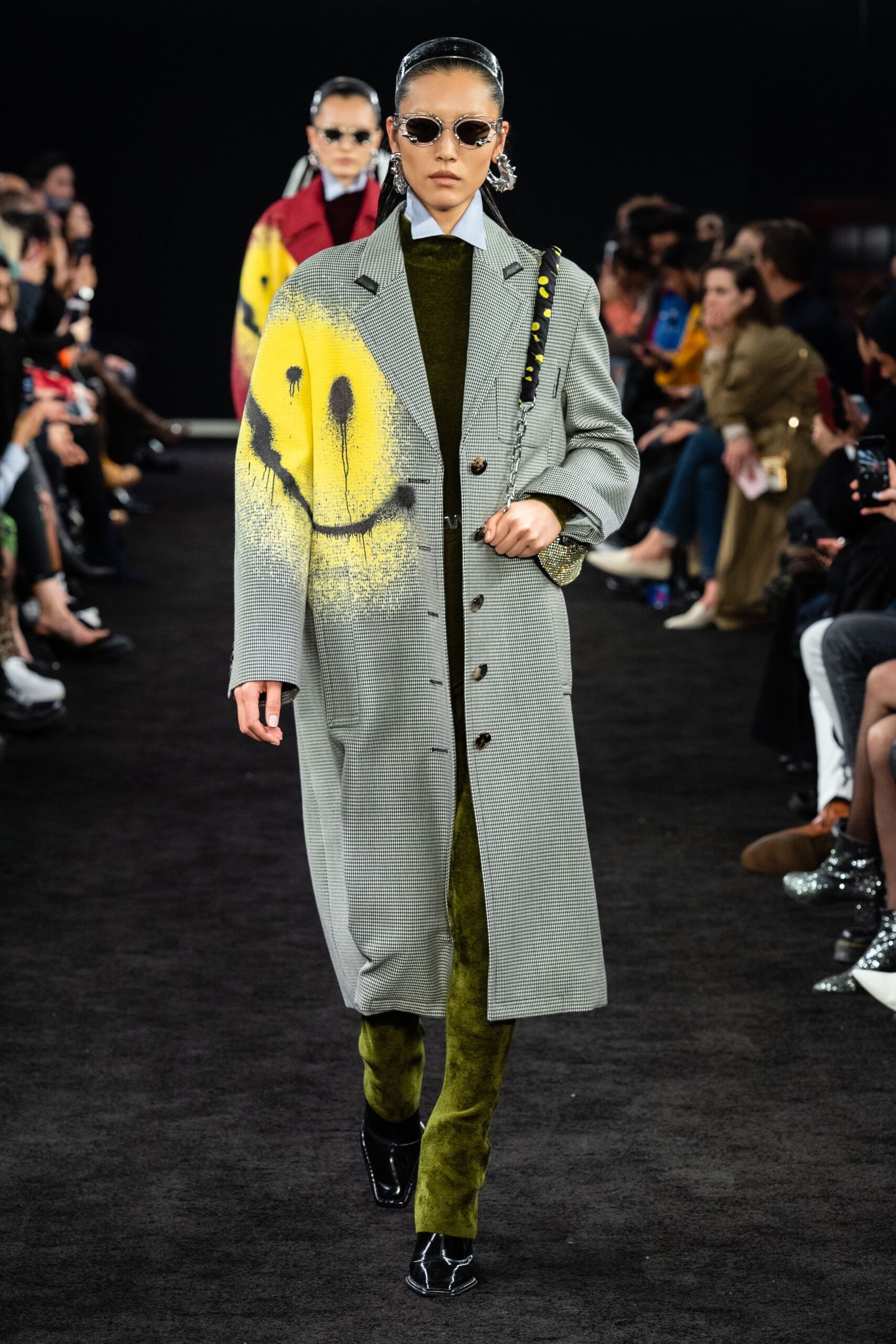 gray wool long-sleeve collared relaxed buttoned printed coat