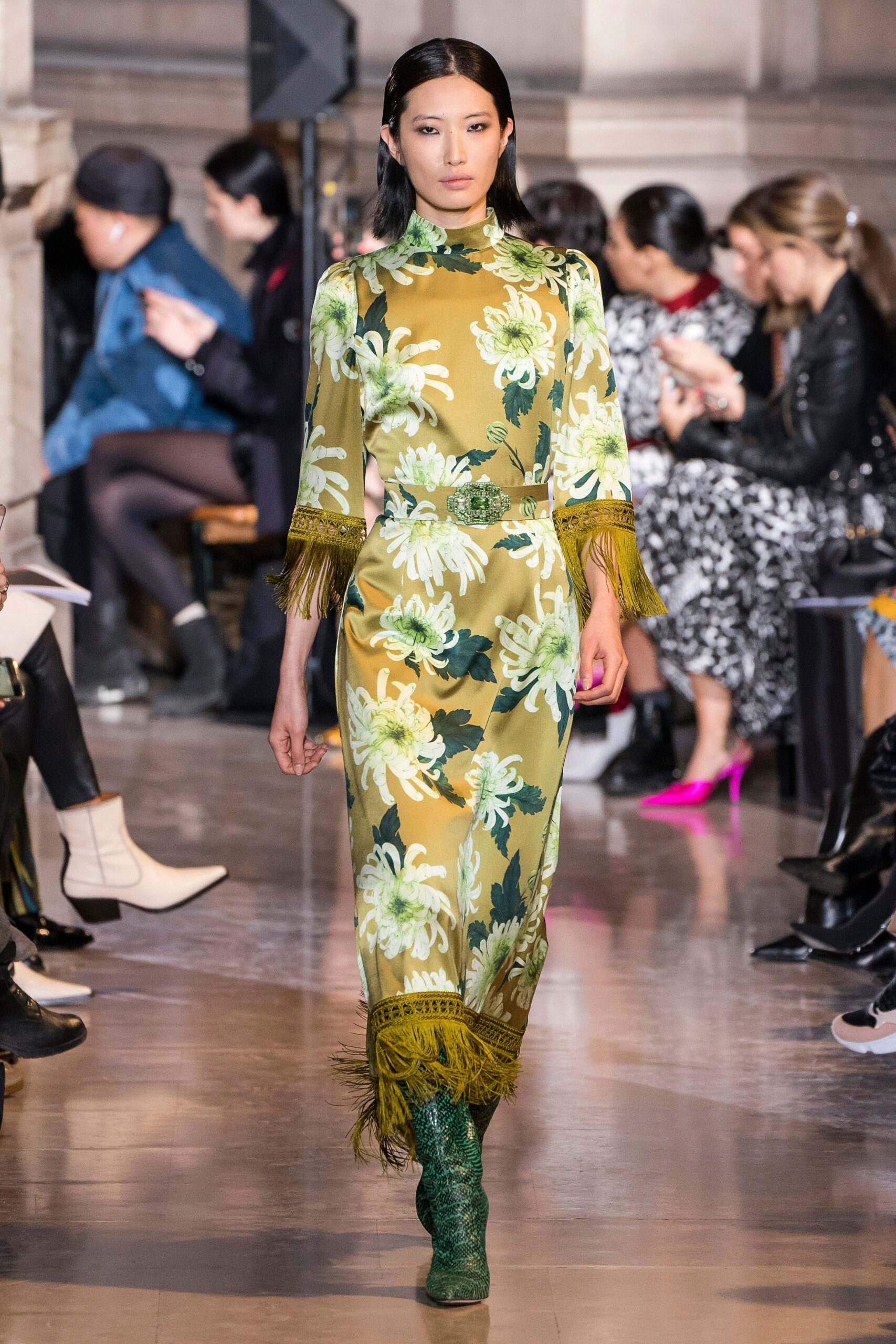 floral green yellow midi dress
