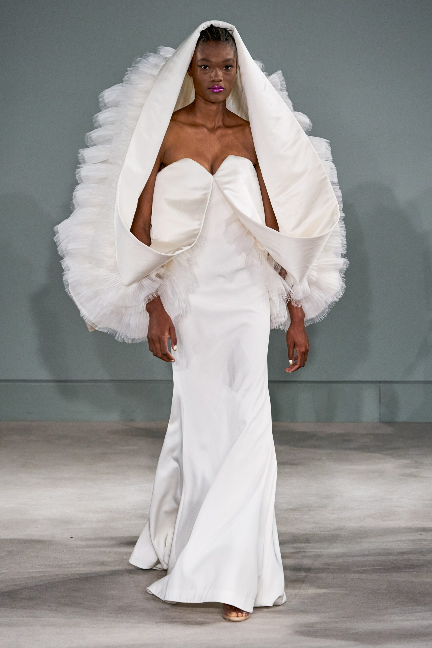 white silk gown with cape