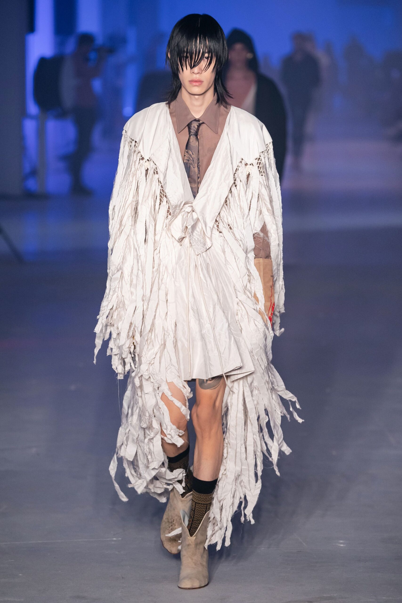 white fringed mini dress with brown shirt