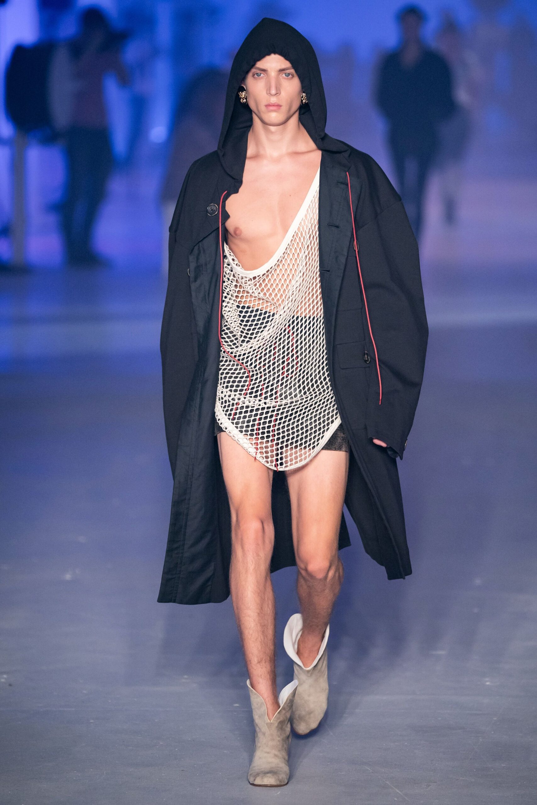 black coat white mesh top