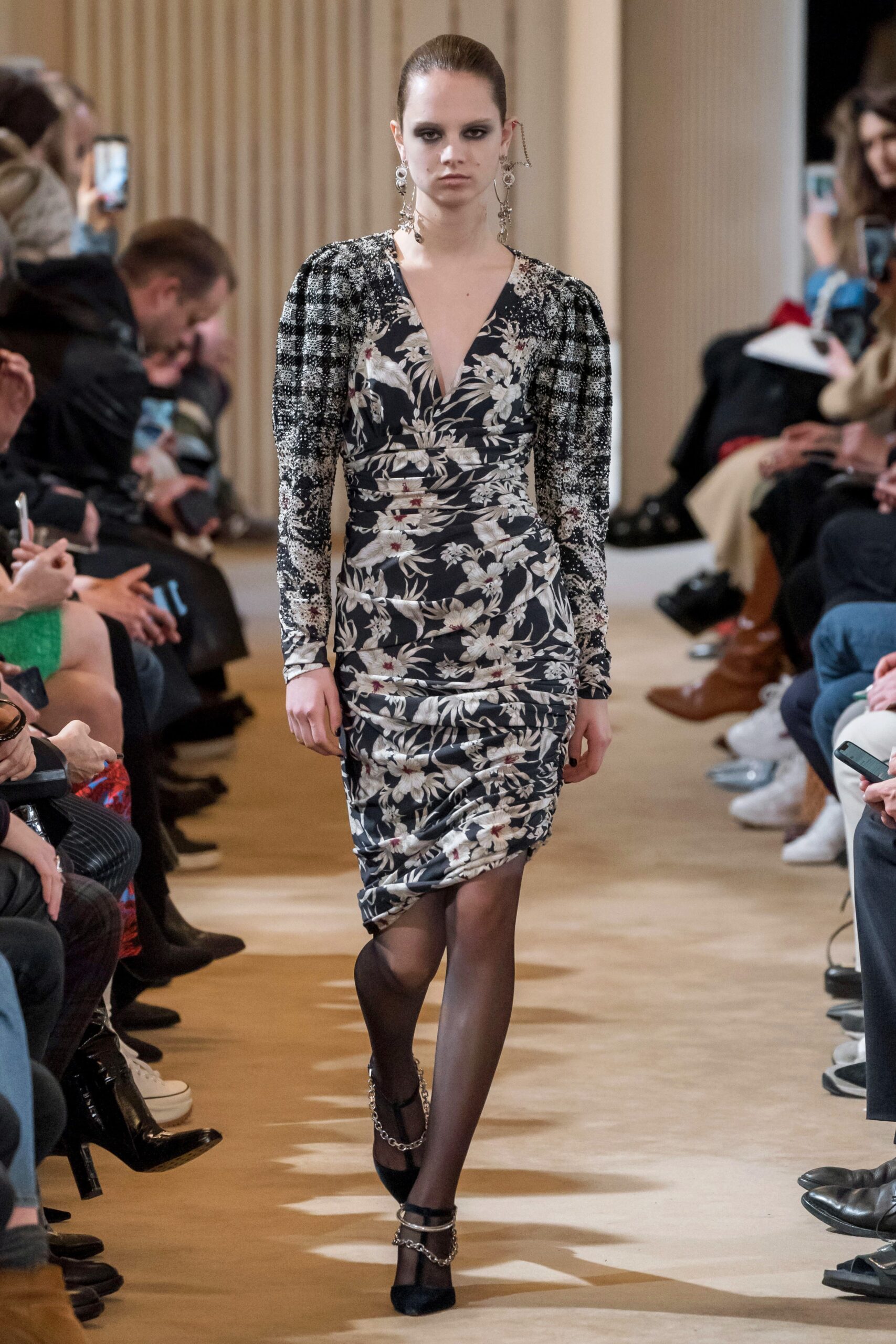black and white floral fitted dress