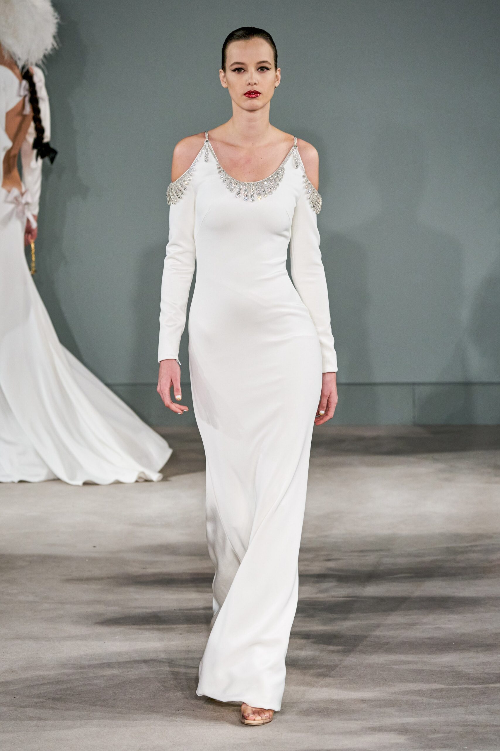 white silk off-shoulder gown