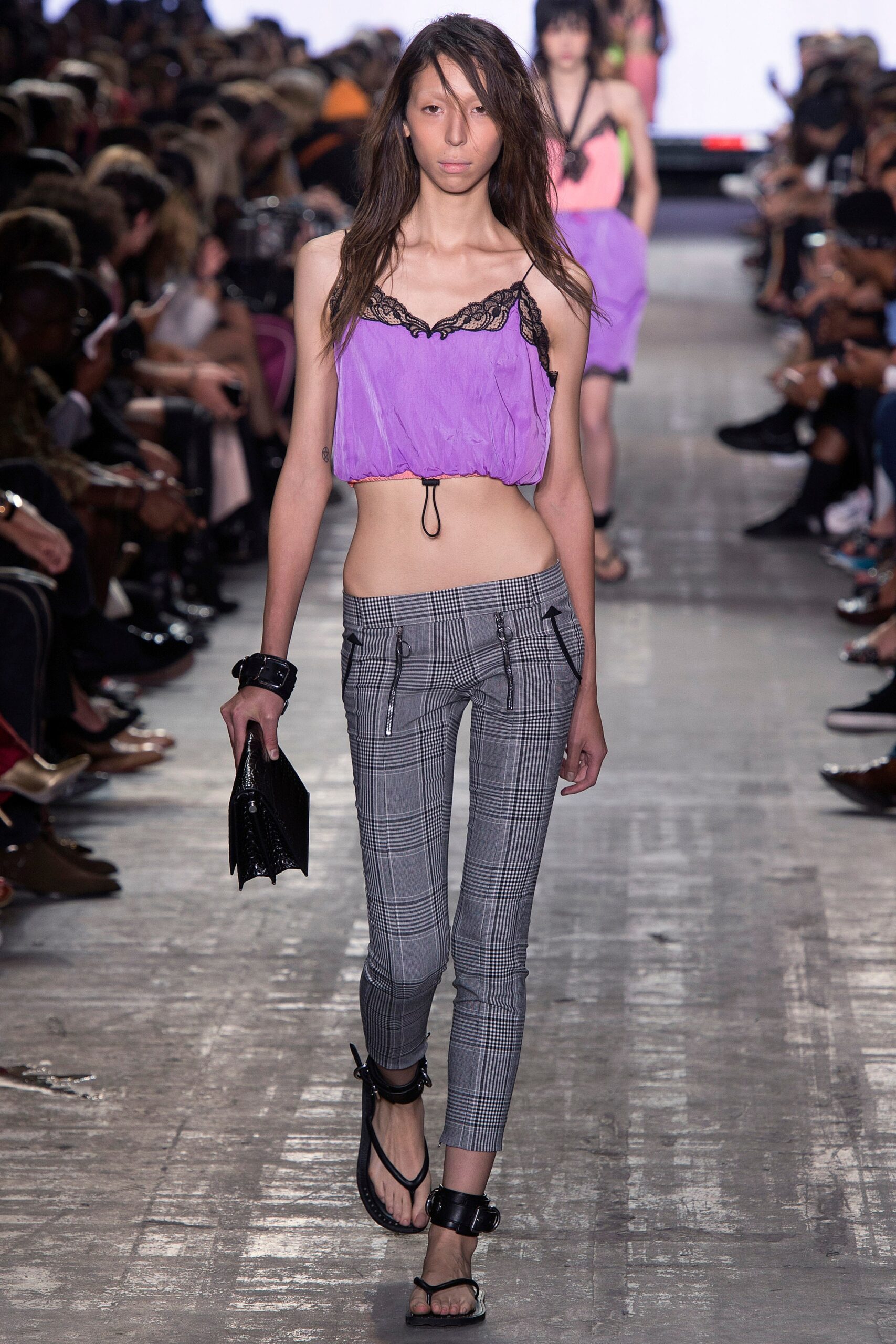 purple sleeveless v-neck fitted ruffled top