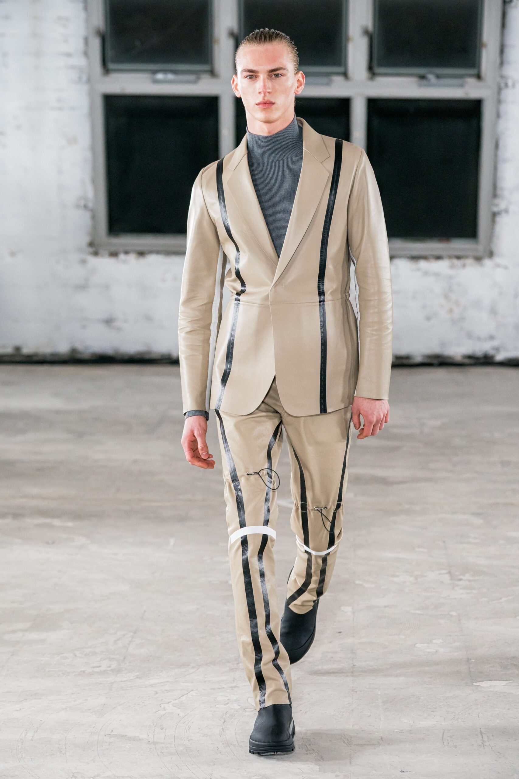 beige leather long-sleeve collared fitted zippered suit
