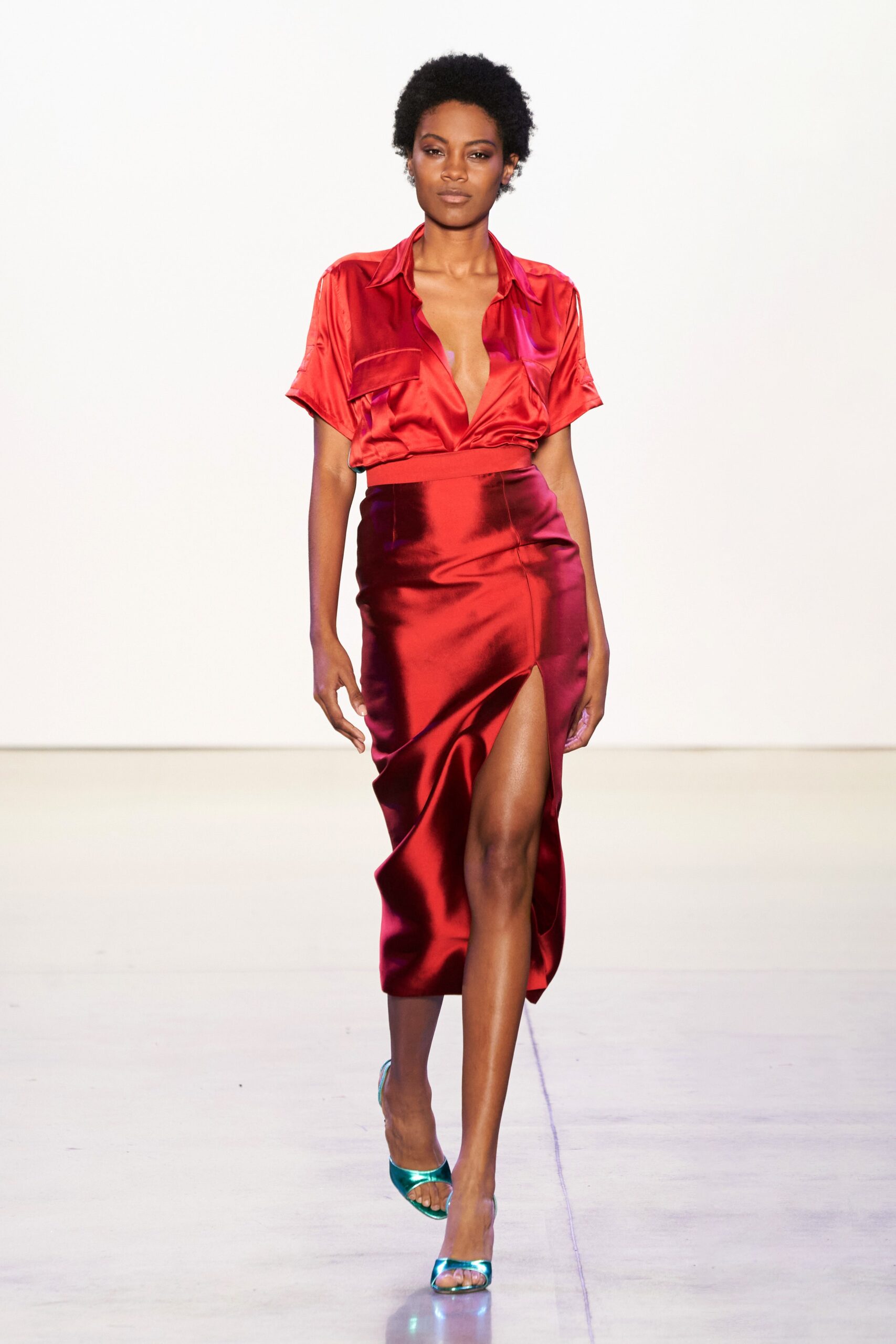 red silk slit fitted high-waisted pencil flowing skirt