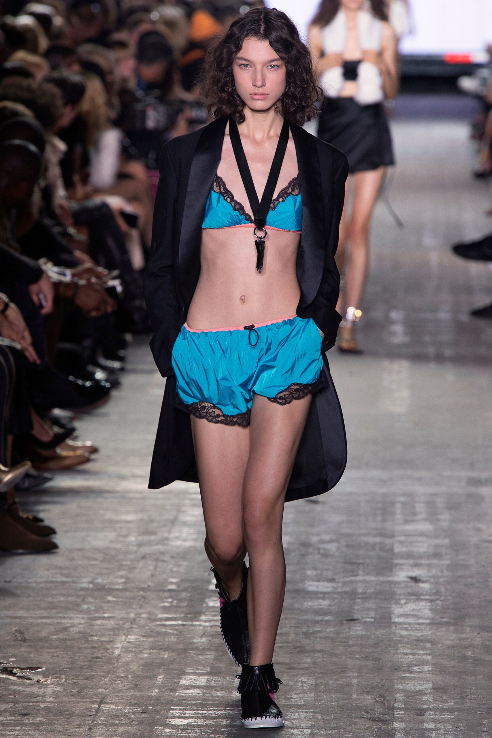 blue silk fitted ruffled short shorts