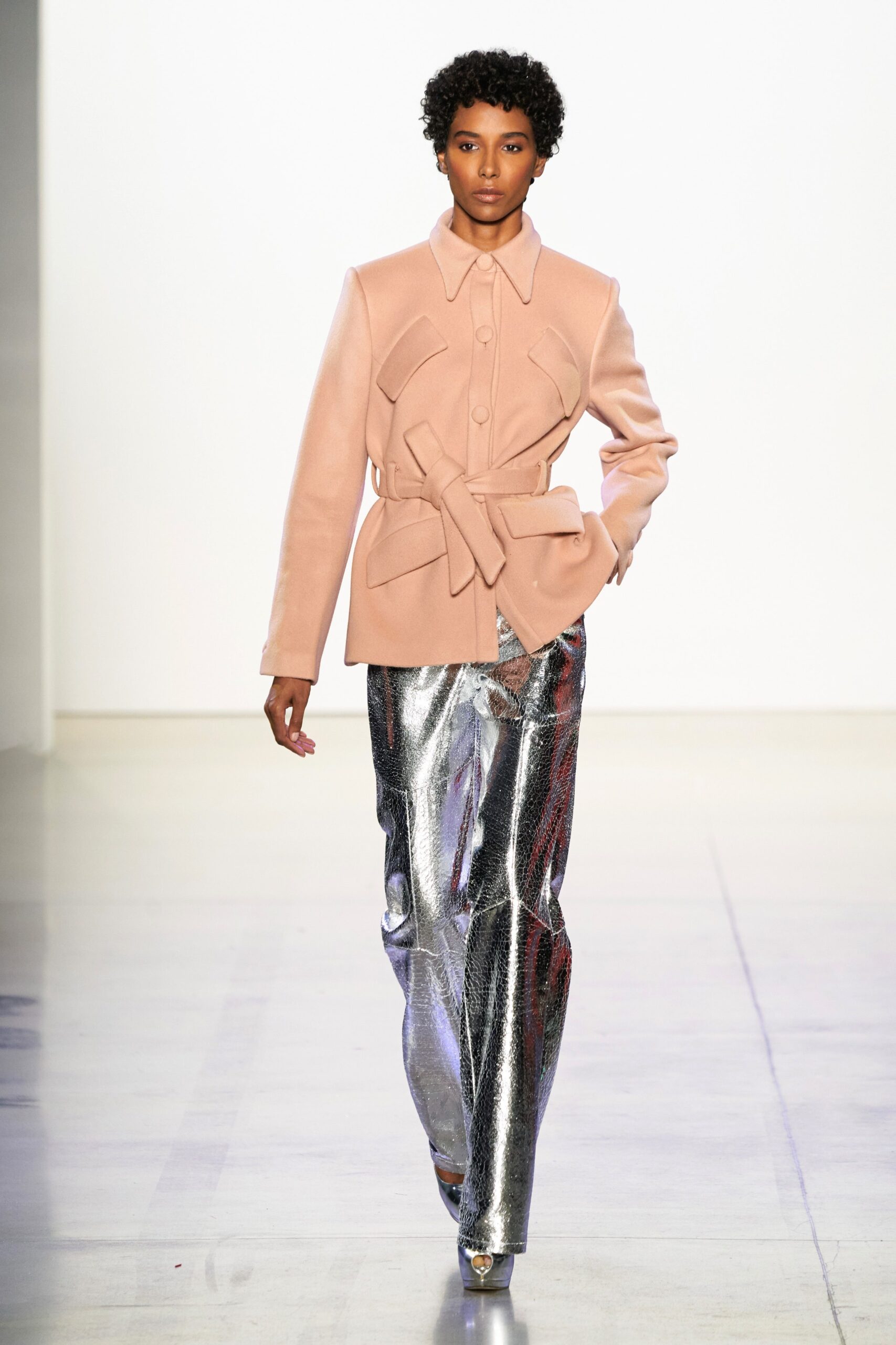 gray metallic slim straight-leg shiny pants