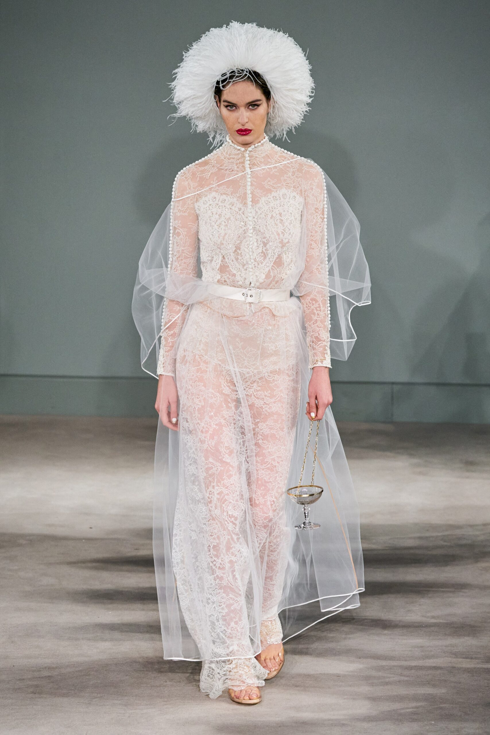 white lace long-sleeve high-neck fitted layered dress