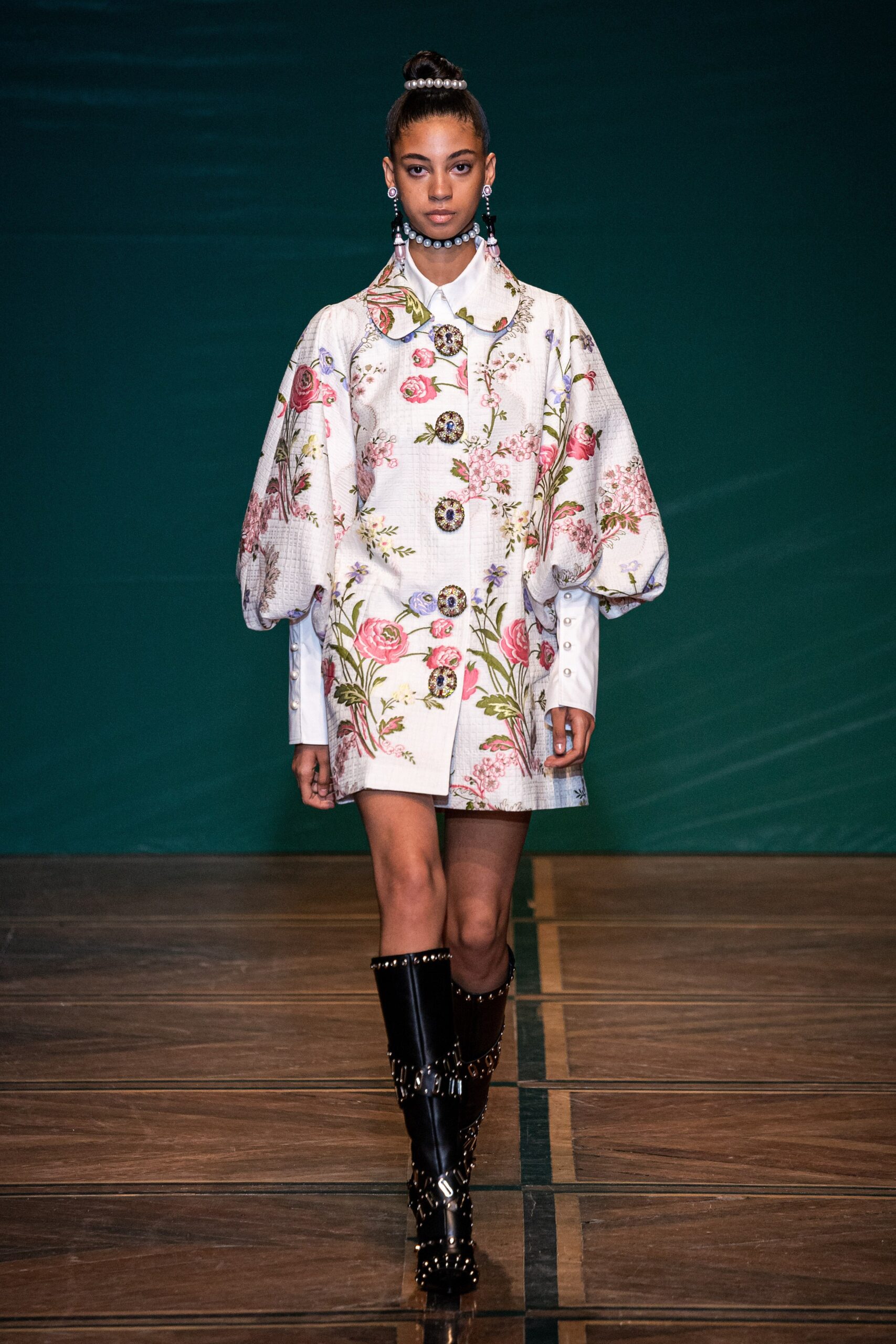 white cotton long-sleeve collared fitted embroidered buttoned dress
