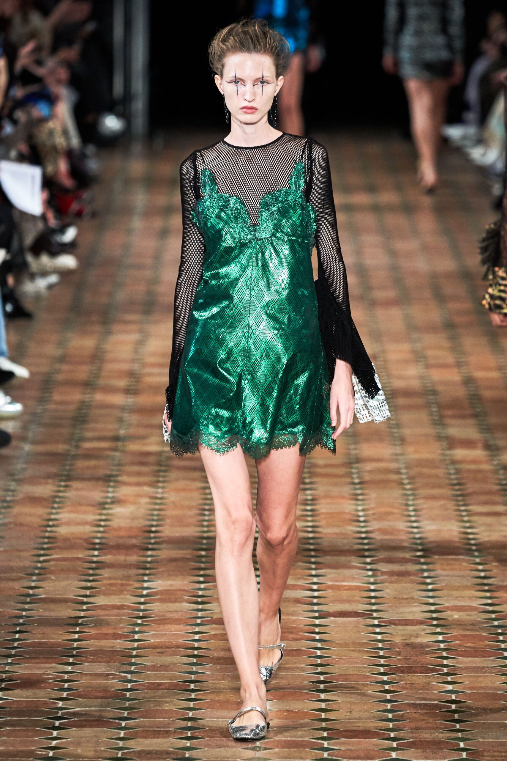 green silk sleeveless v-neck fitted layered shiny dress