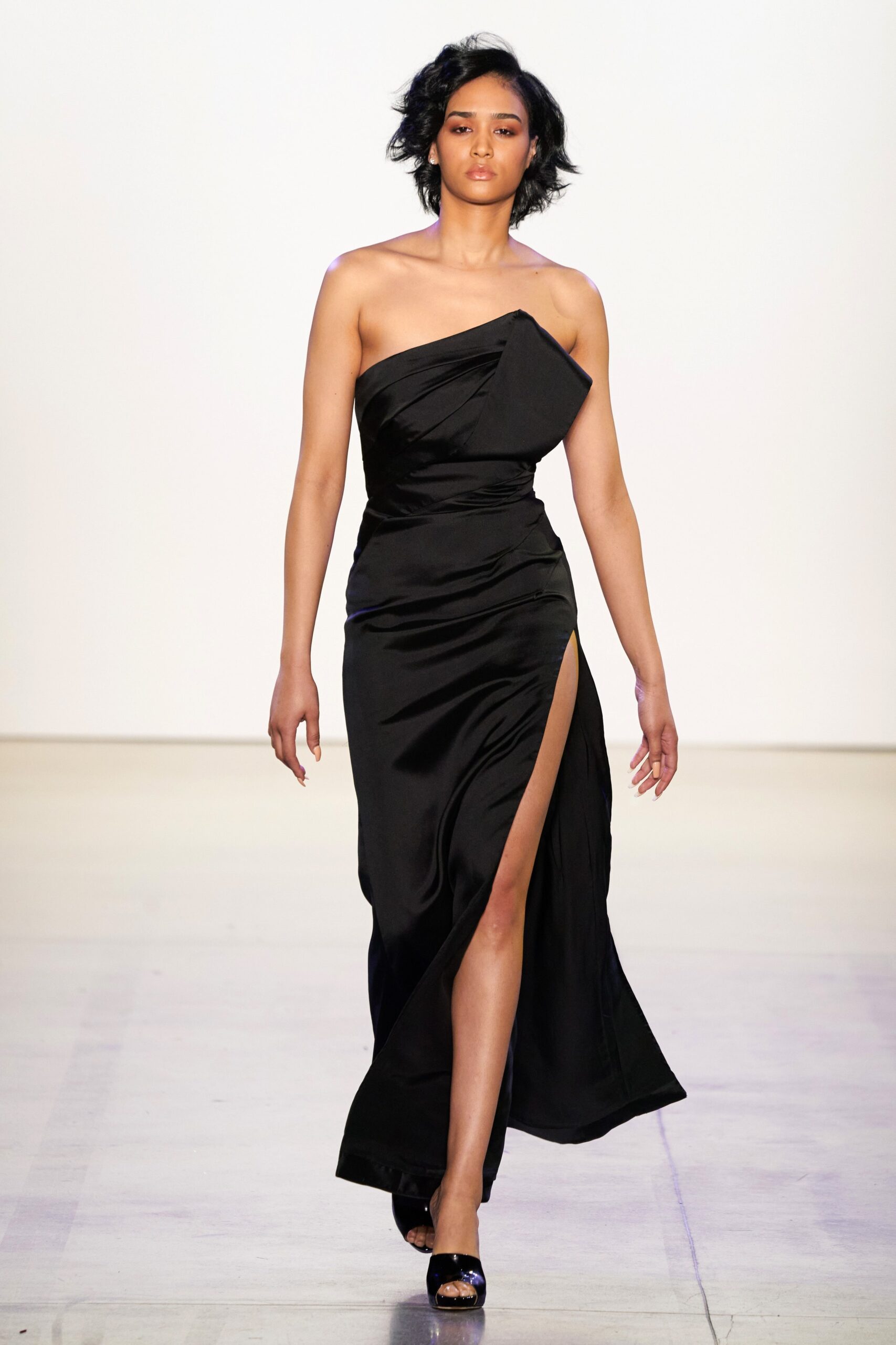 black silk strapless gown