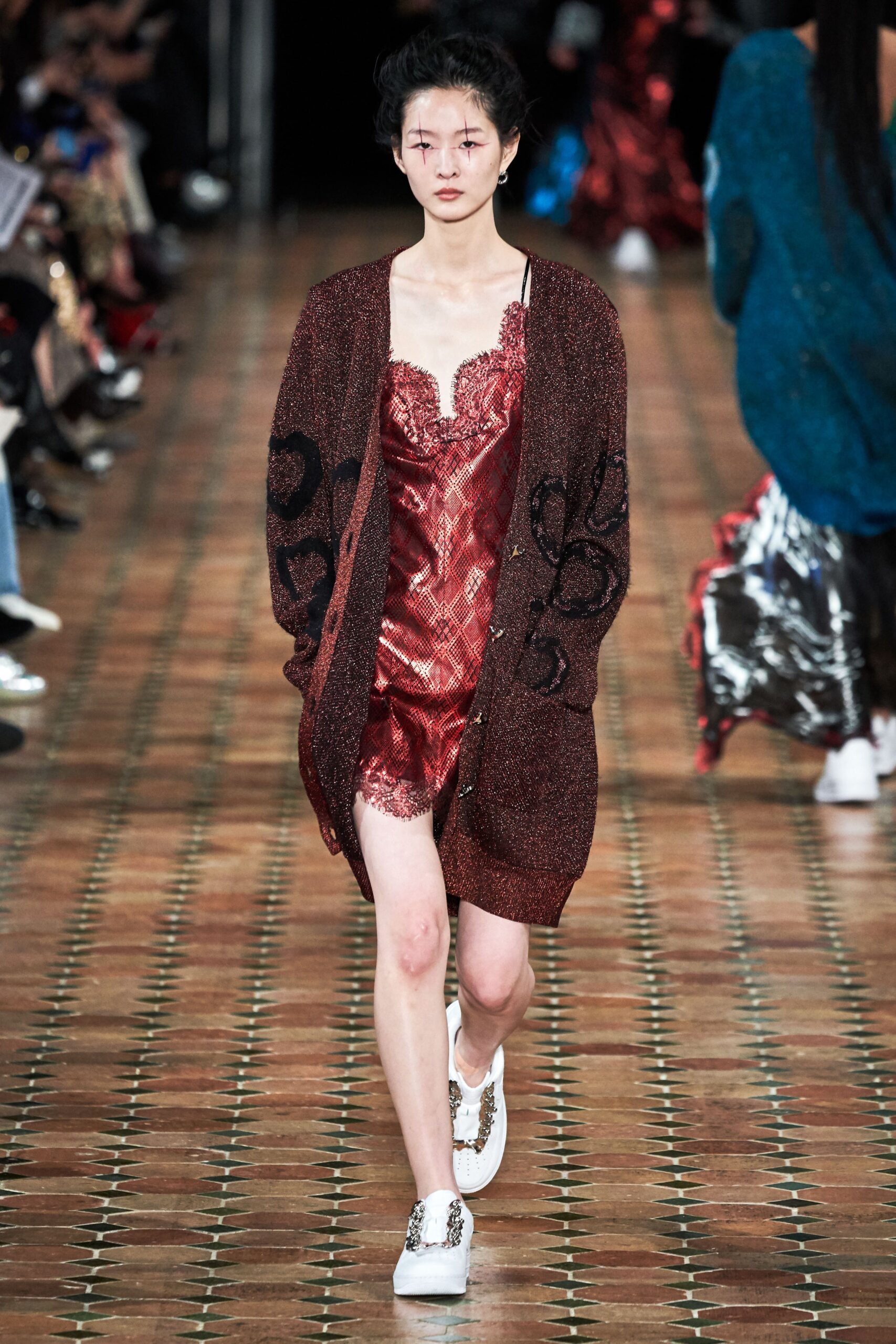 red silk mini dress with cardigan