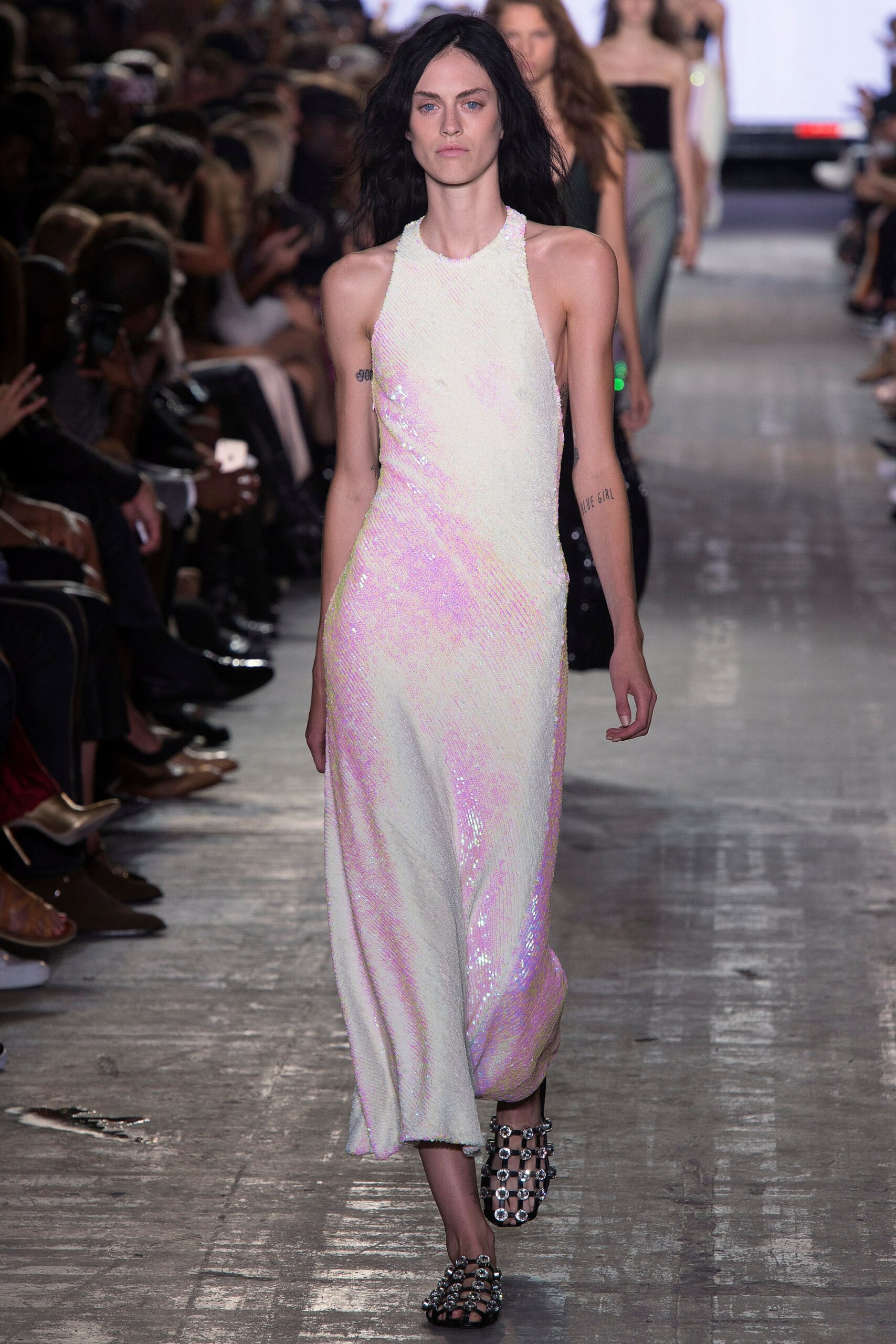 white pink sequined midi dress