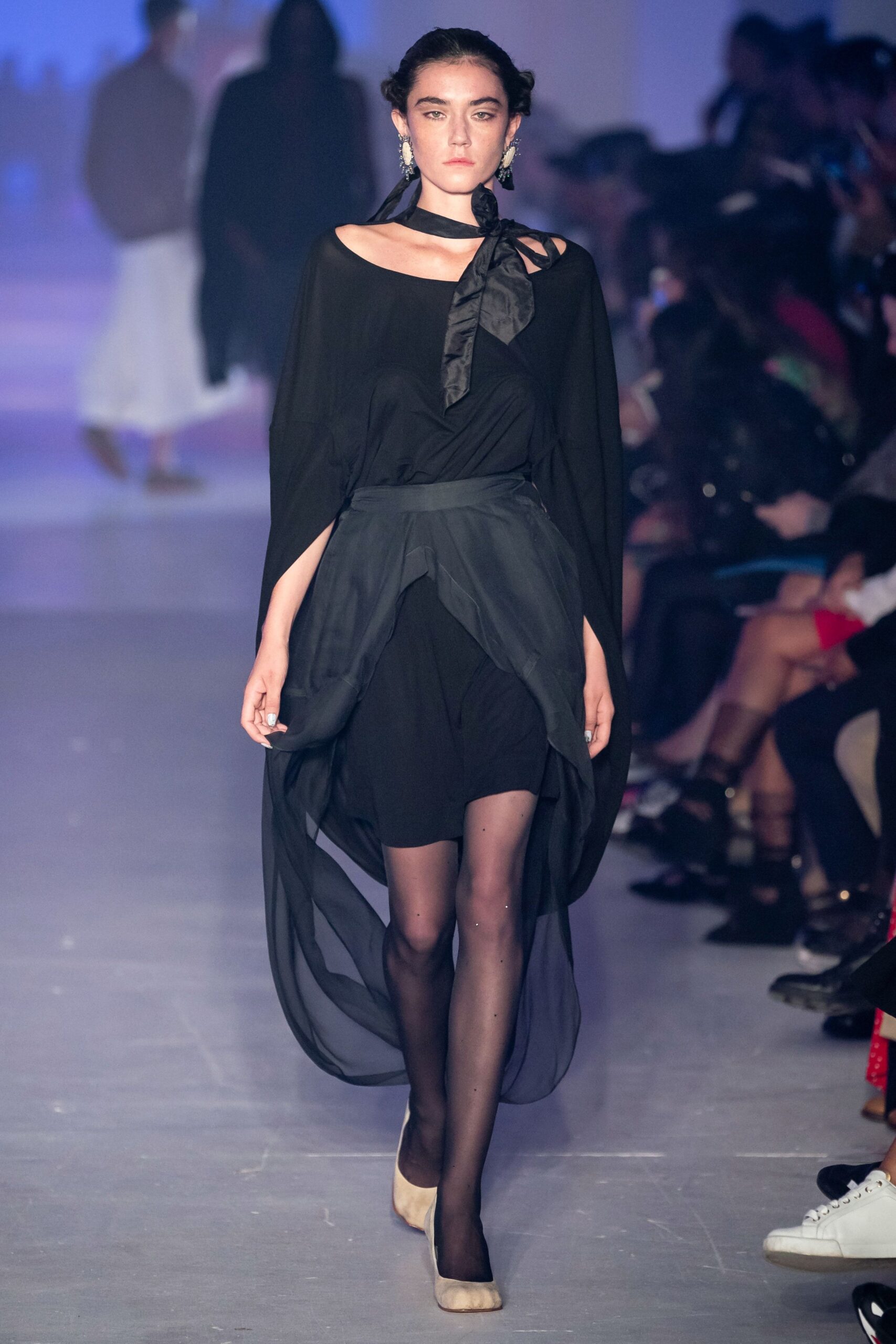 black silk off-shoulder dress with cape