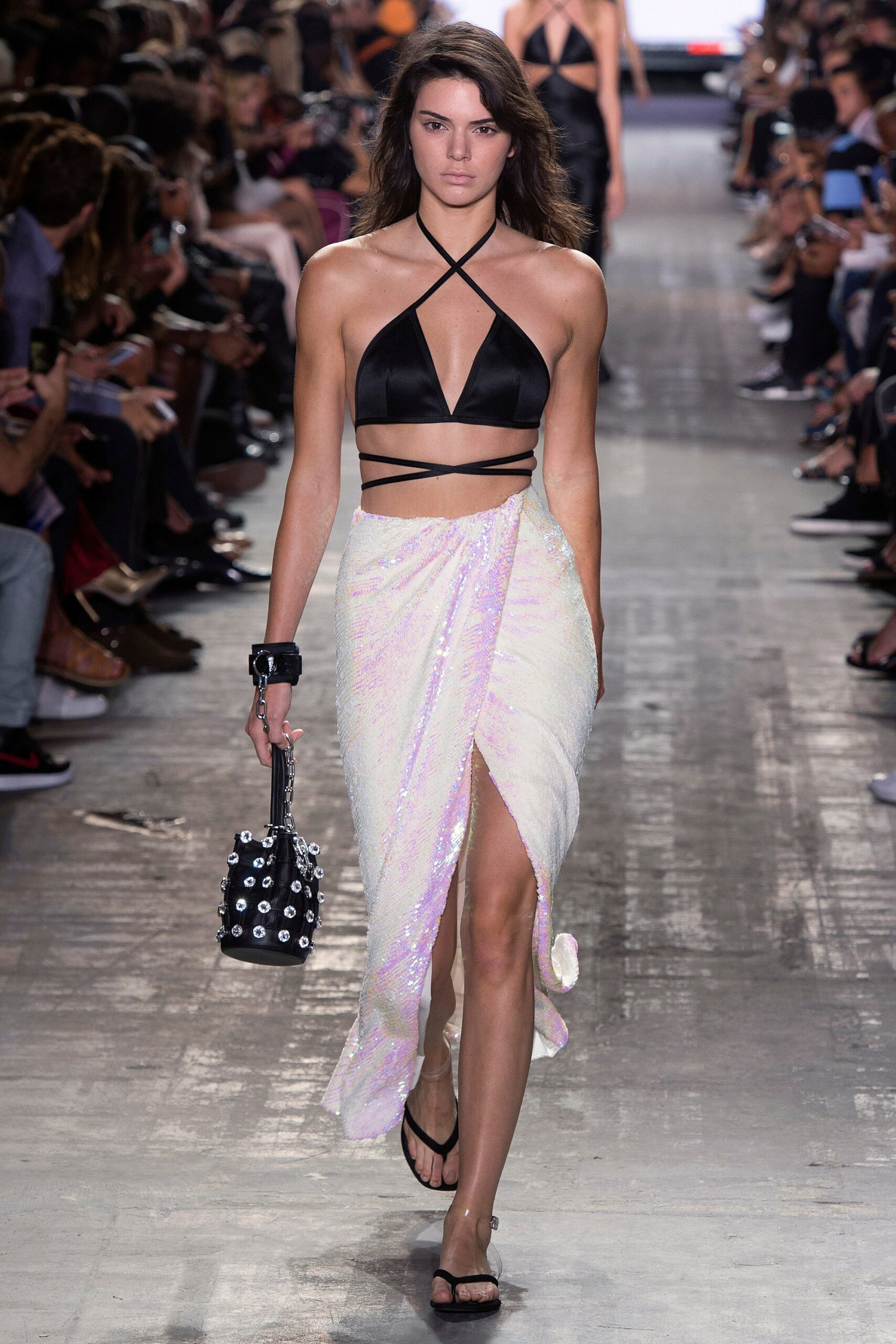 white silk slit fitted high-waisted pleated shiny skirt