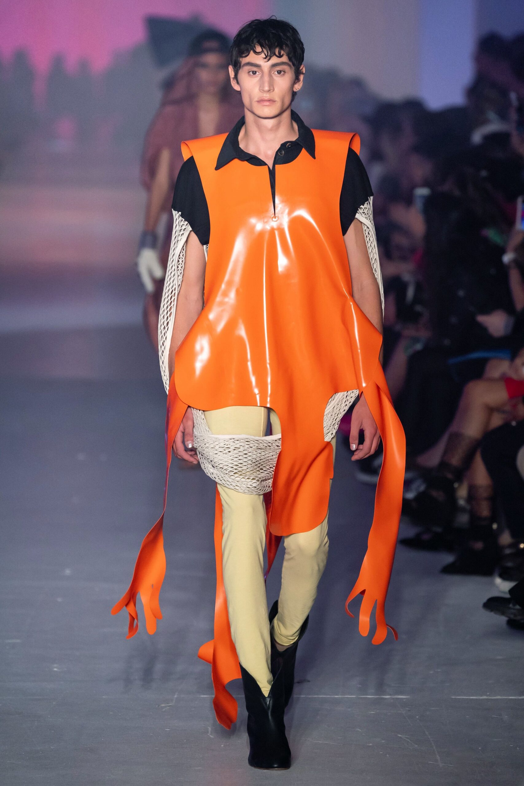 orange vinyl short-sleeve collared relaxed draped top