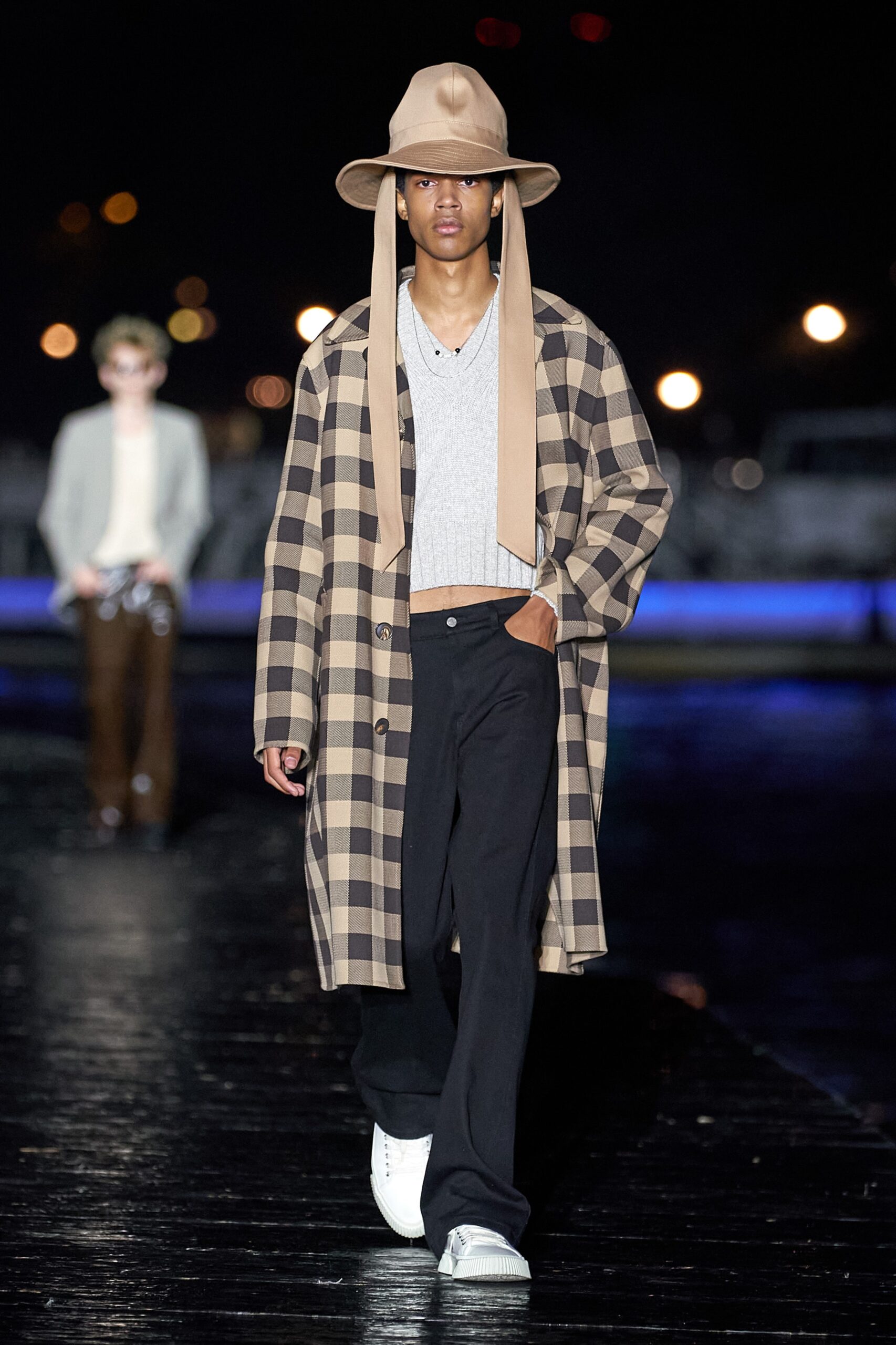 beige checked coat with gray top