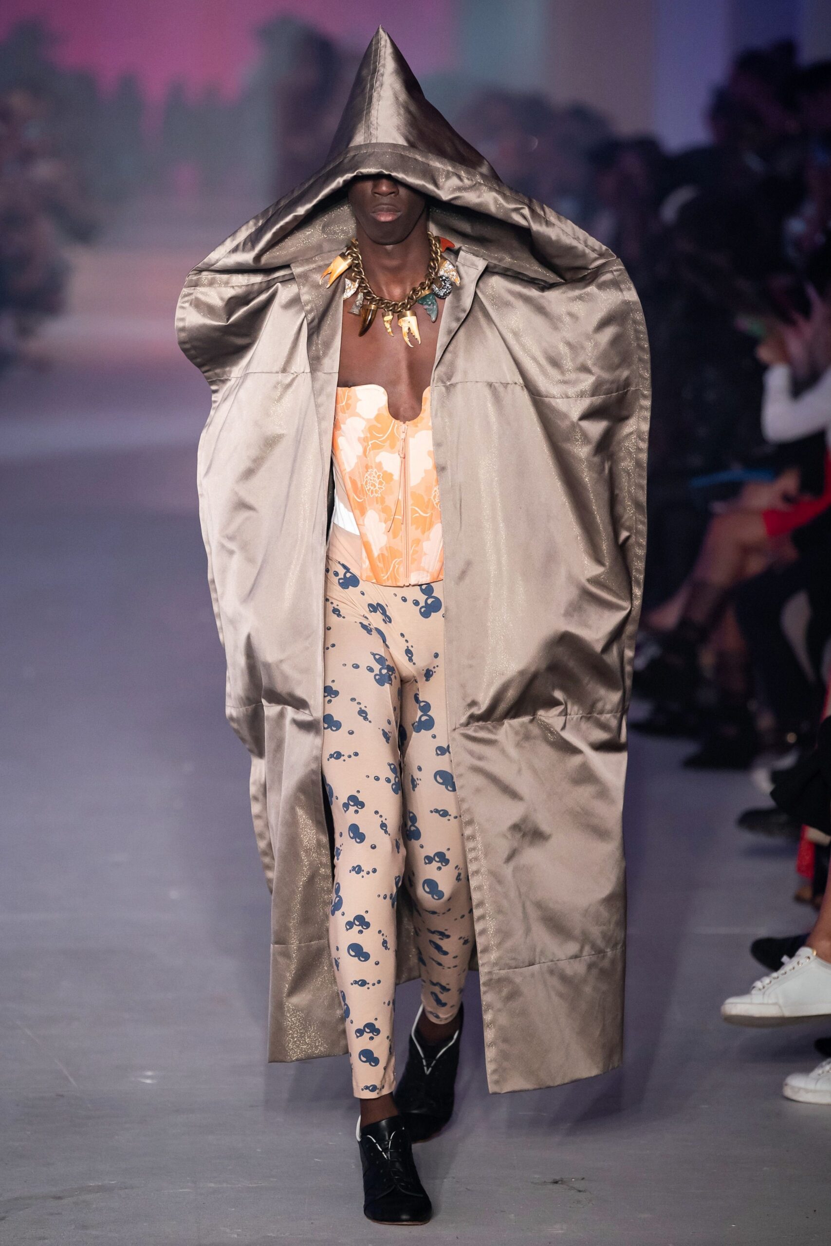 beige silk long-sleeve hooded oversized draped coat