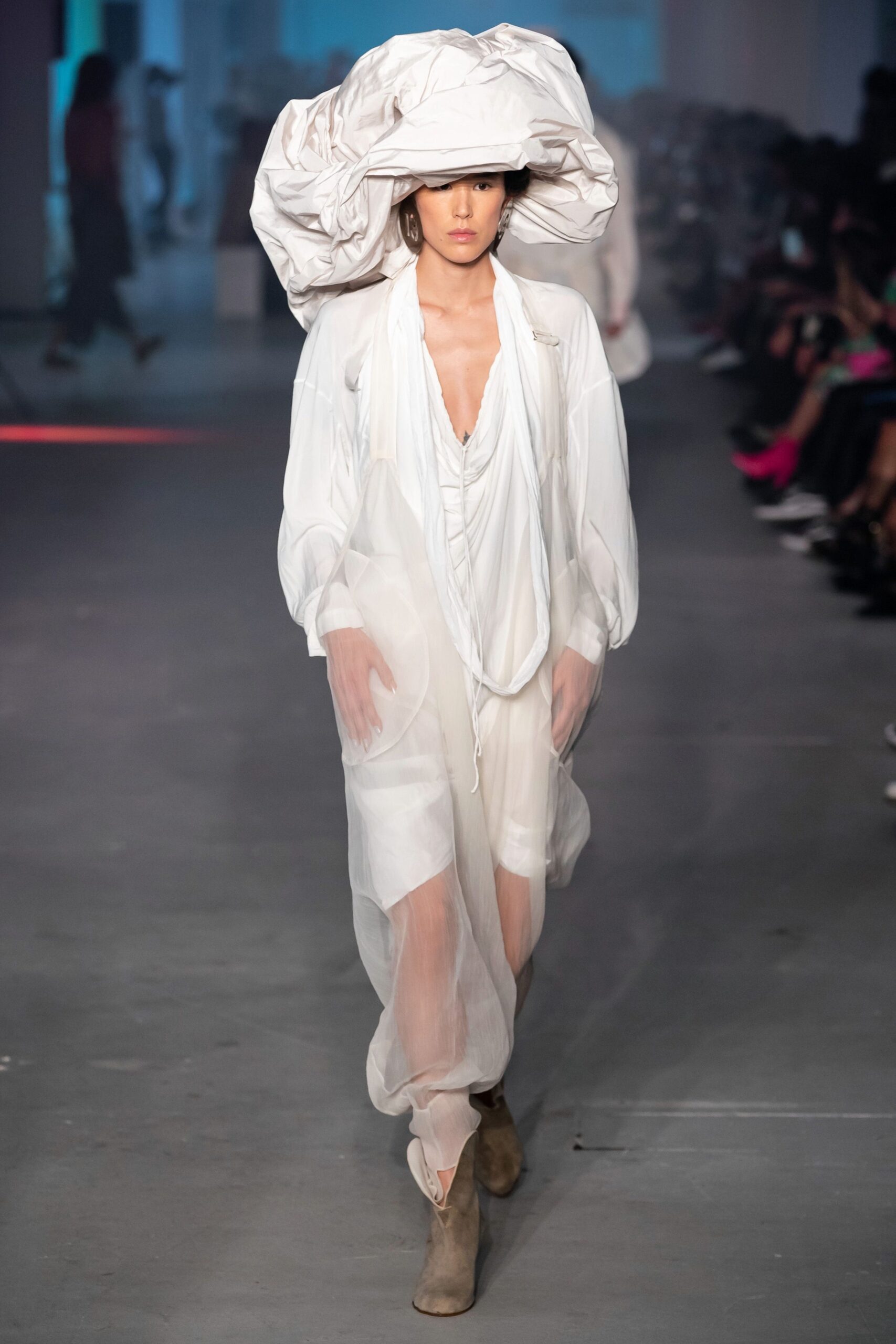 white chiffon long-sleeve v-neck relaxed draped sheer dress