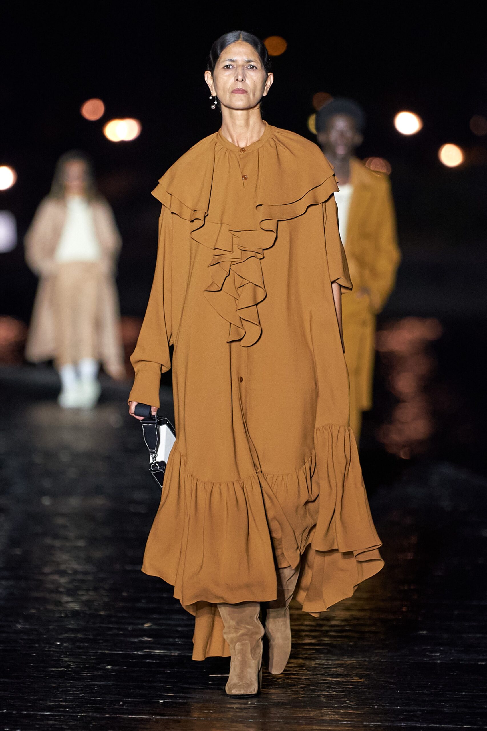 brown silk long-sleeve collared relaxed ruffled tiered dress