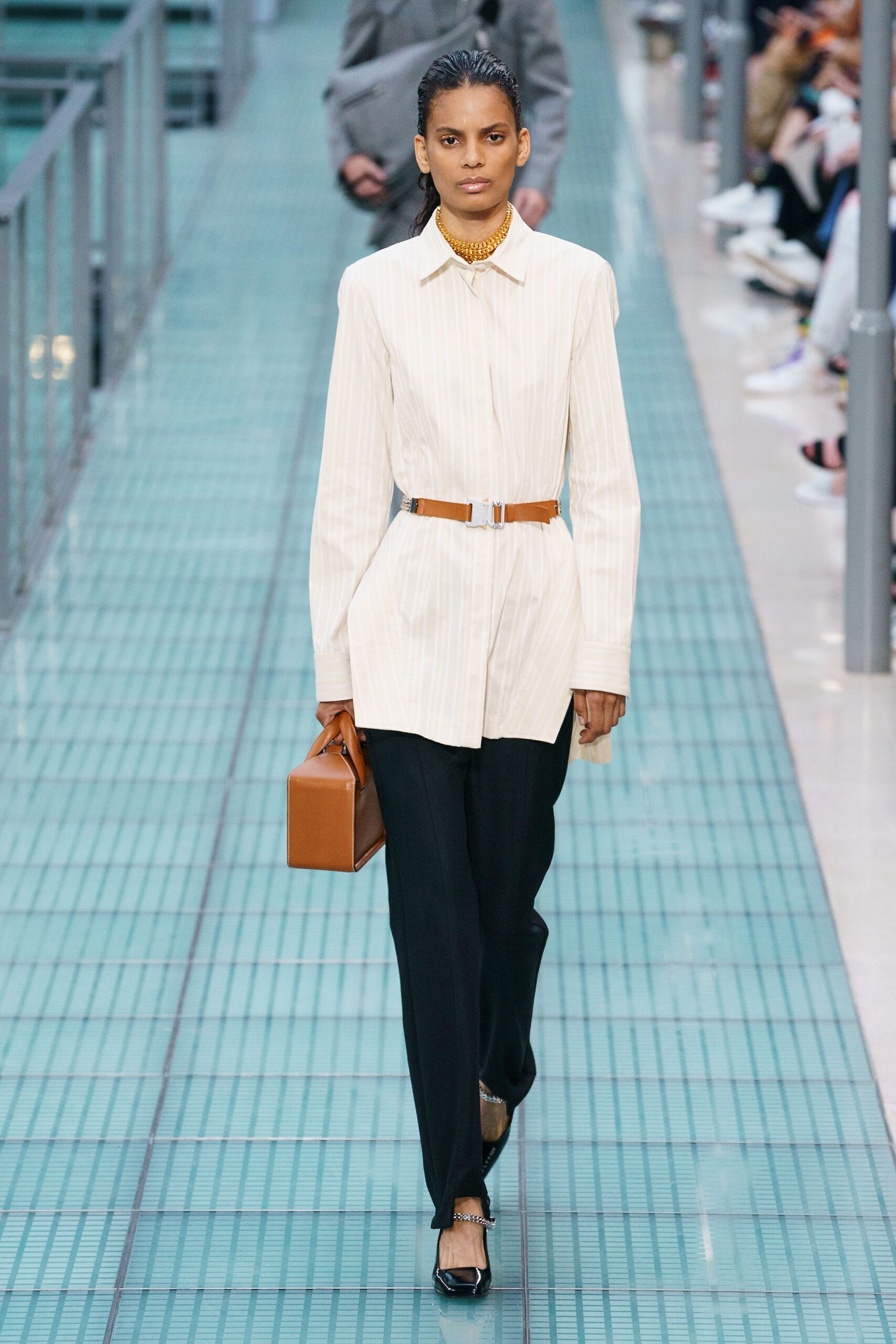 white cotton shirt-dress with black pants