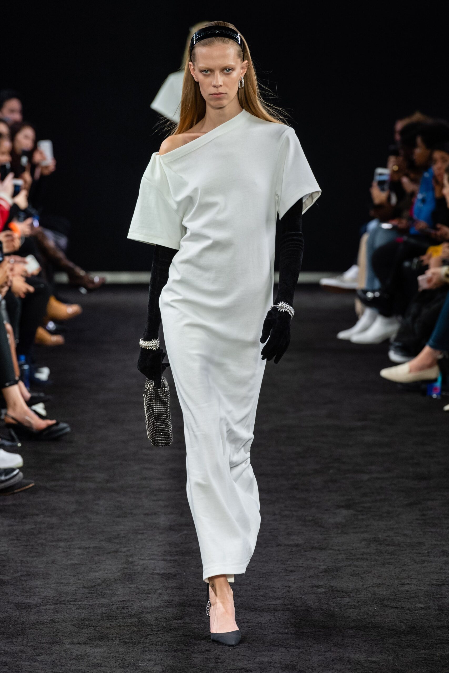 white cotton short-sleeve off-shoulder relaxed straight-leg midi dress