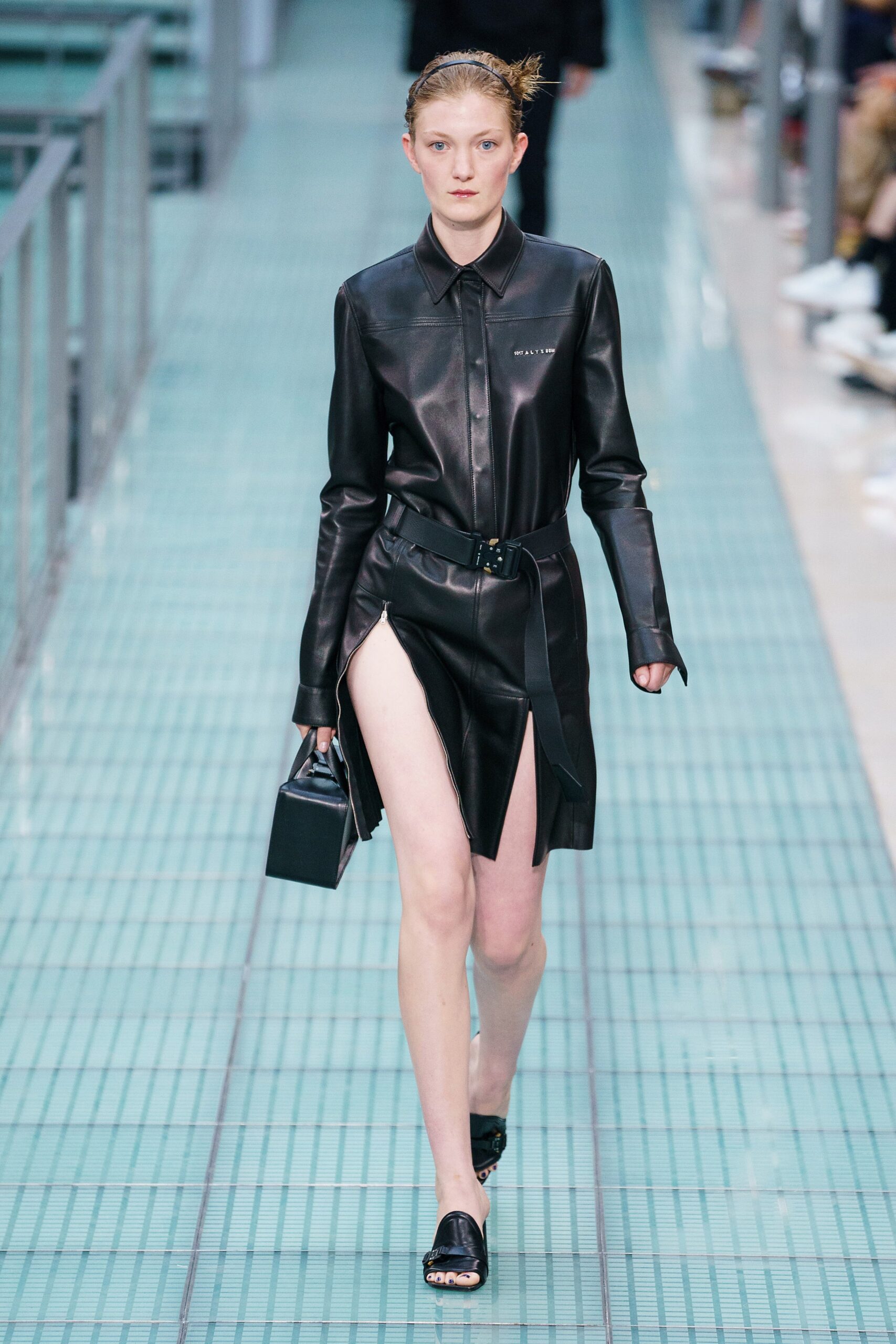 black leather long-sleeve collared fitted zippered belted dress
