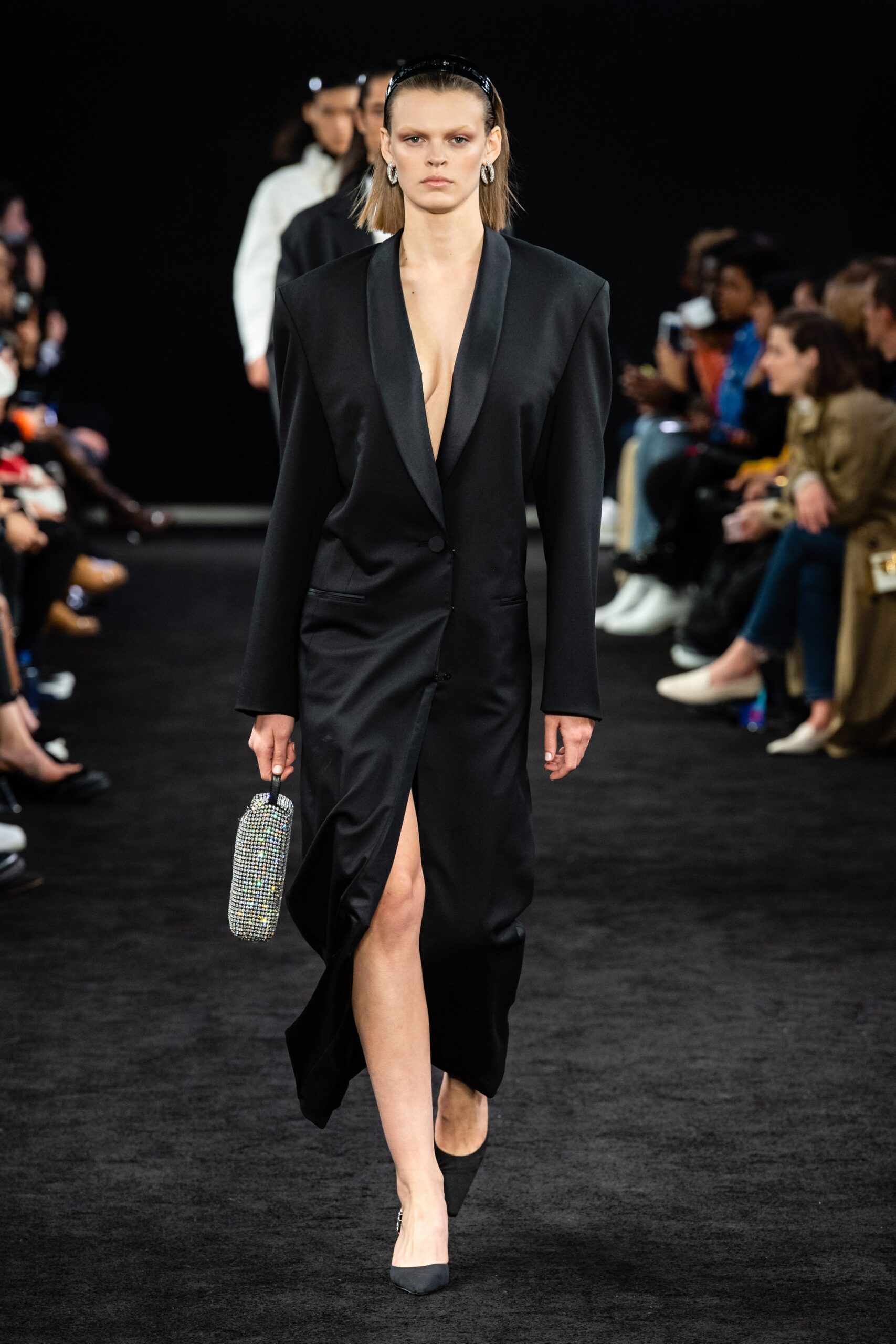 black satin long-sleeve v-neck fitted midi dress