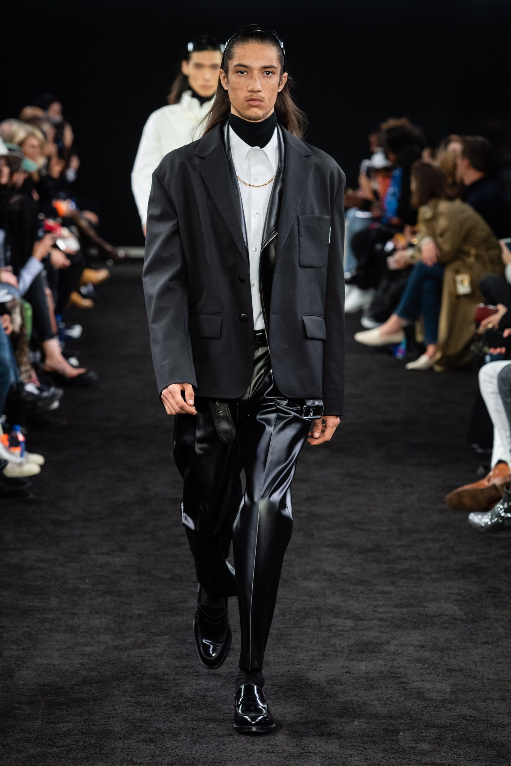 black vinyl slim straight-leg shiny pants