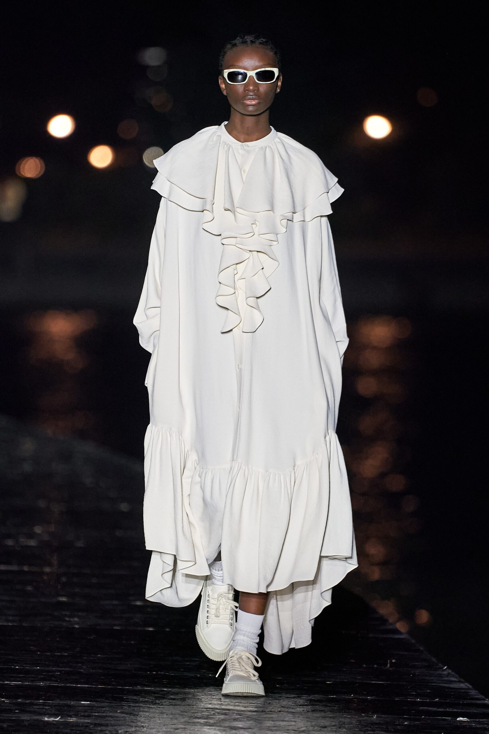 white cotton long-sleeve collared relaxed ruffled tiered dress