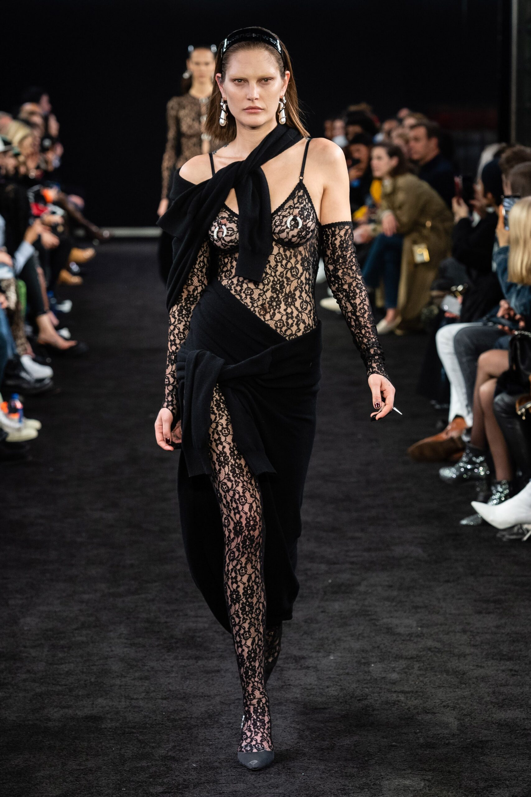 black lace sleeveless off-shoulder fitted ruched sheer dress