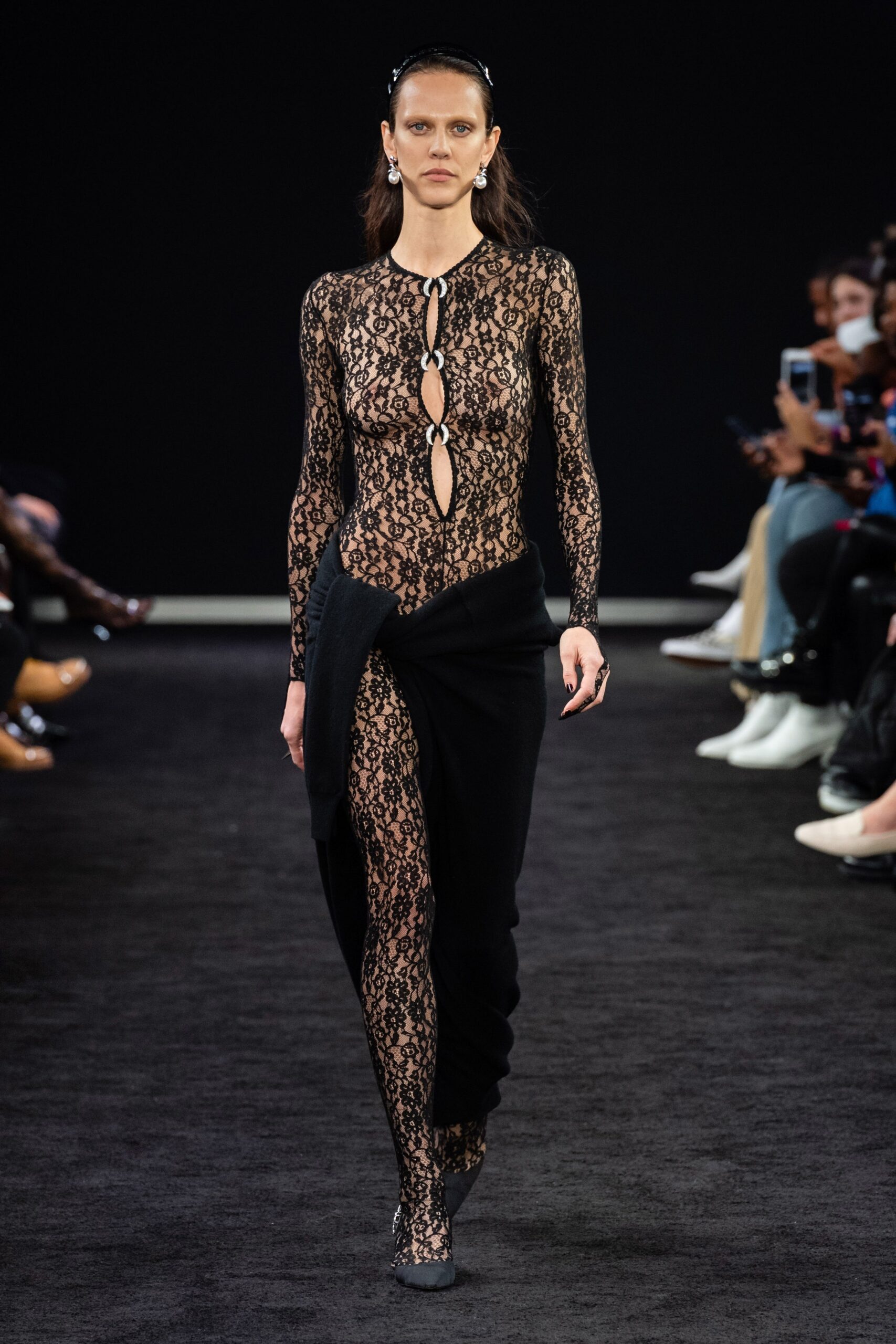 black lace long-sleeve v-neck fitted ruched sheer catsuit