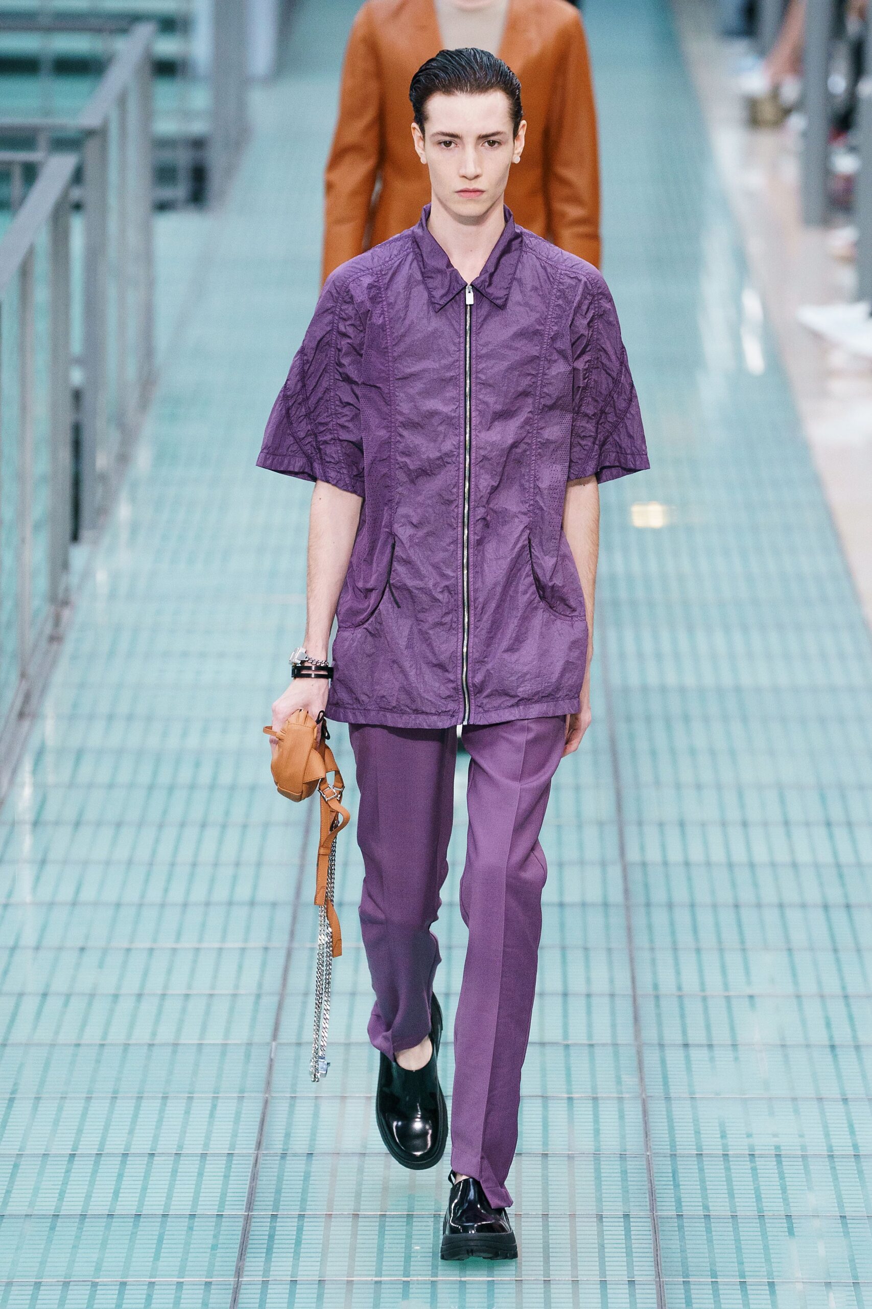 purple cotton slim straight-leg pants