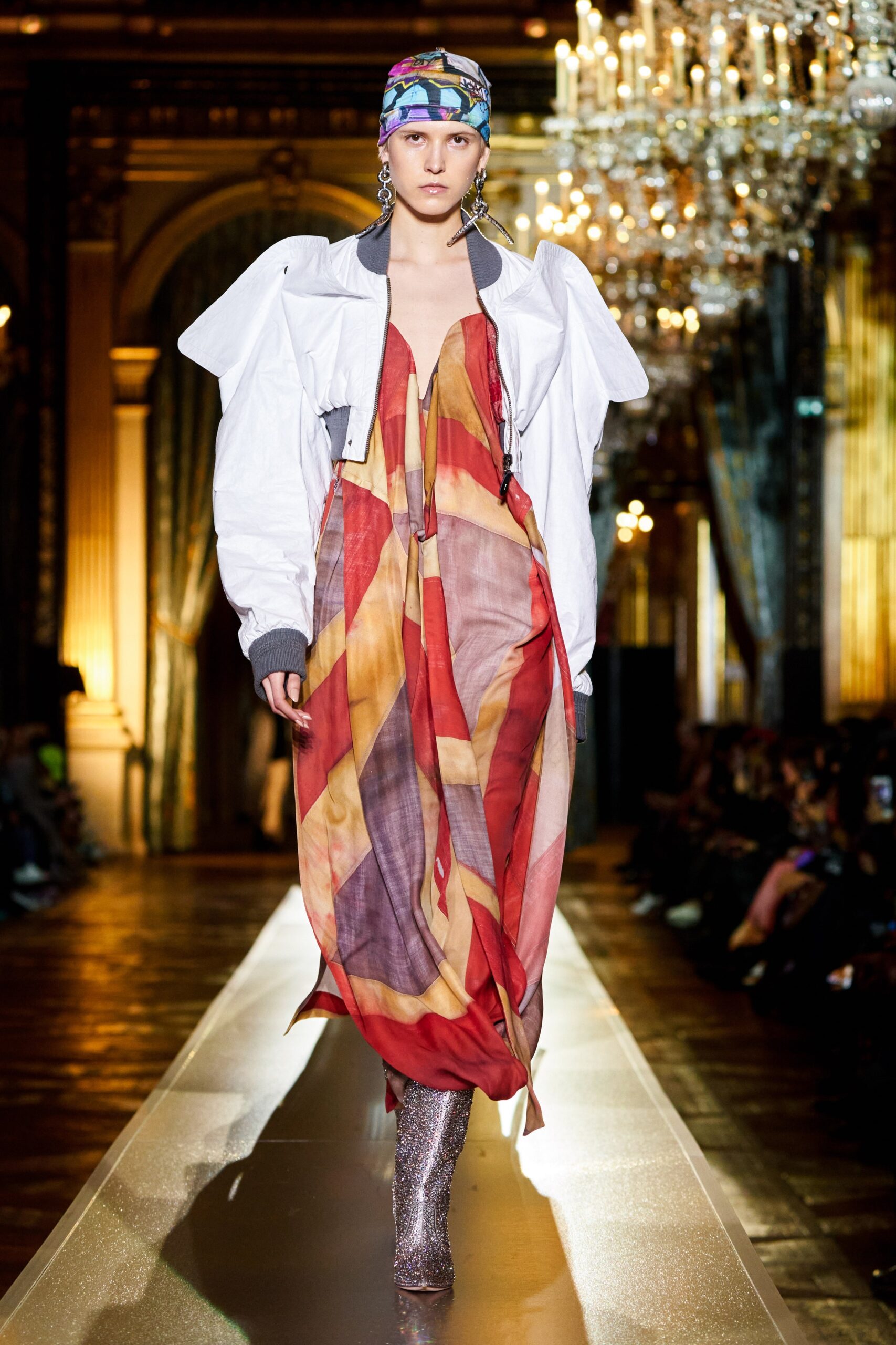 oversized white jacket with draped dress