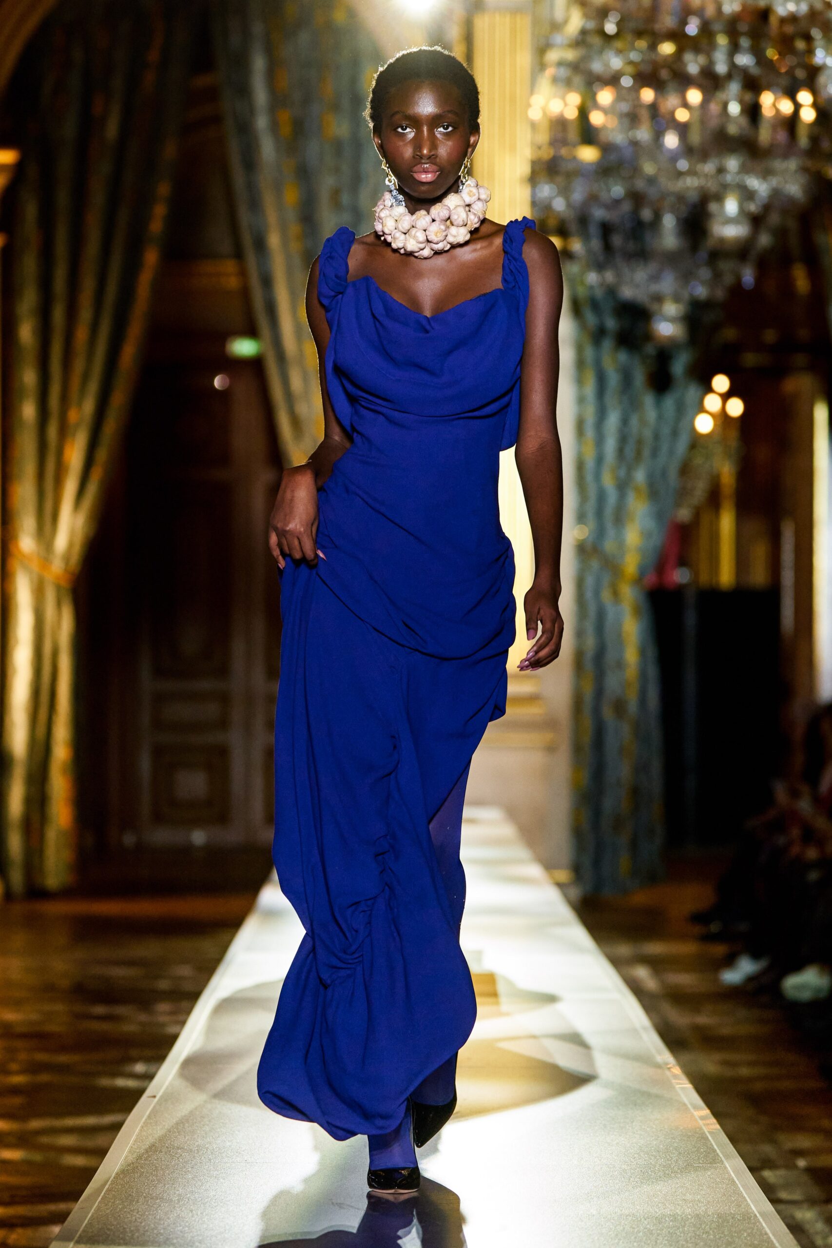 blue silk sleeveless gown