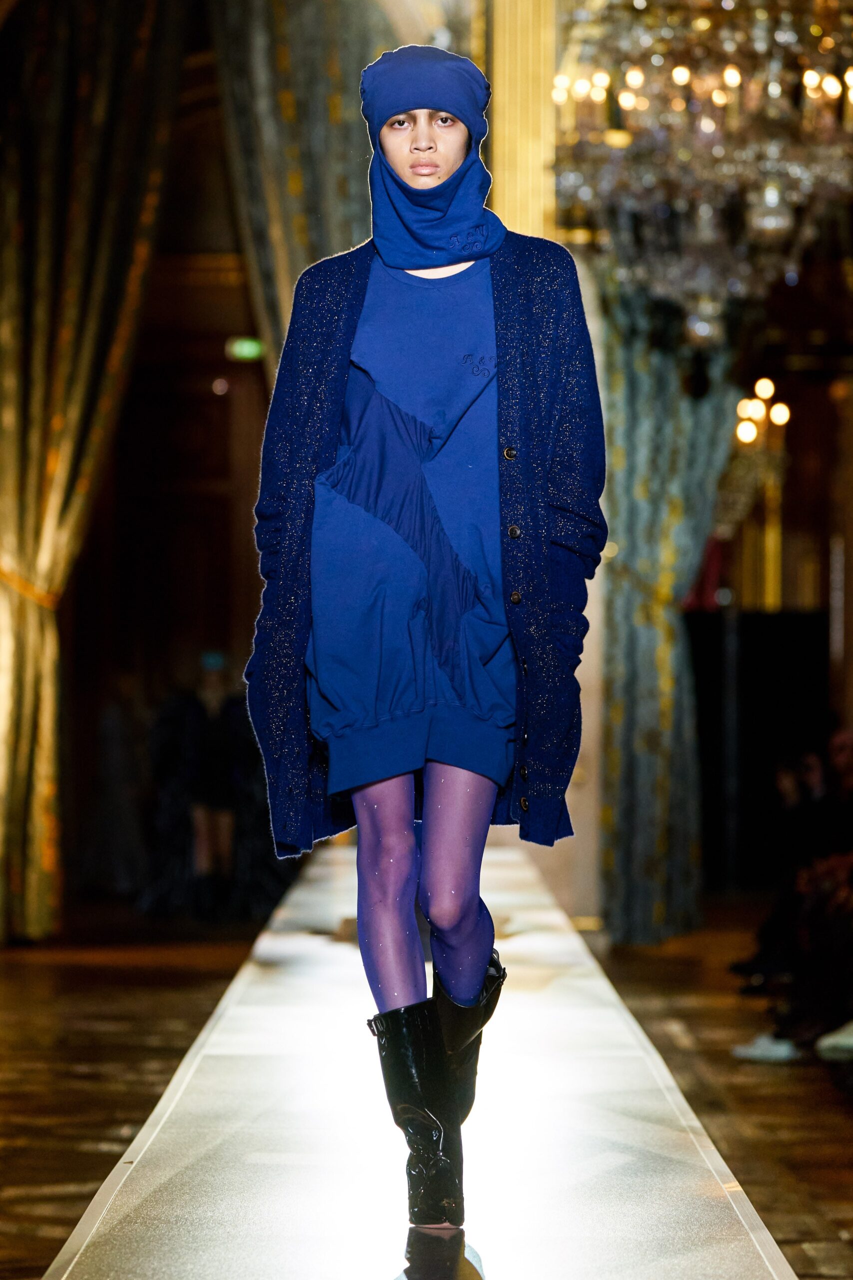 blue relaxed dress with oversized cardigan