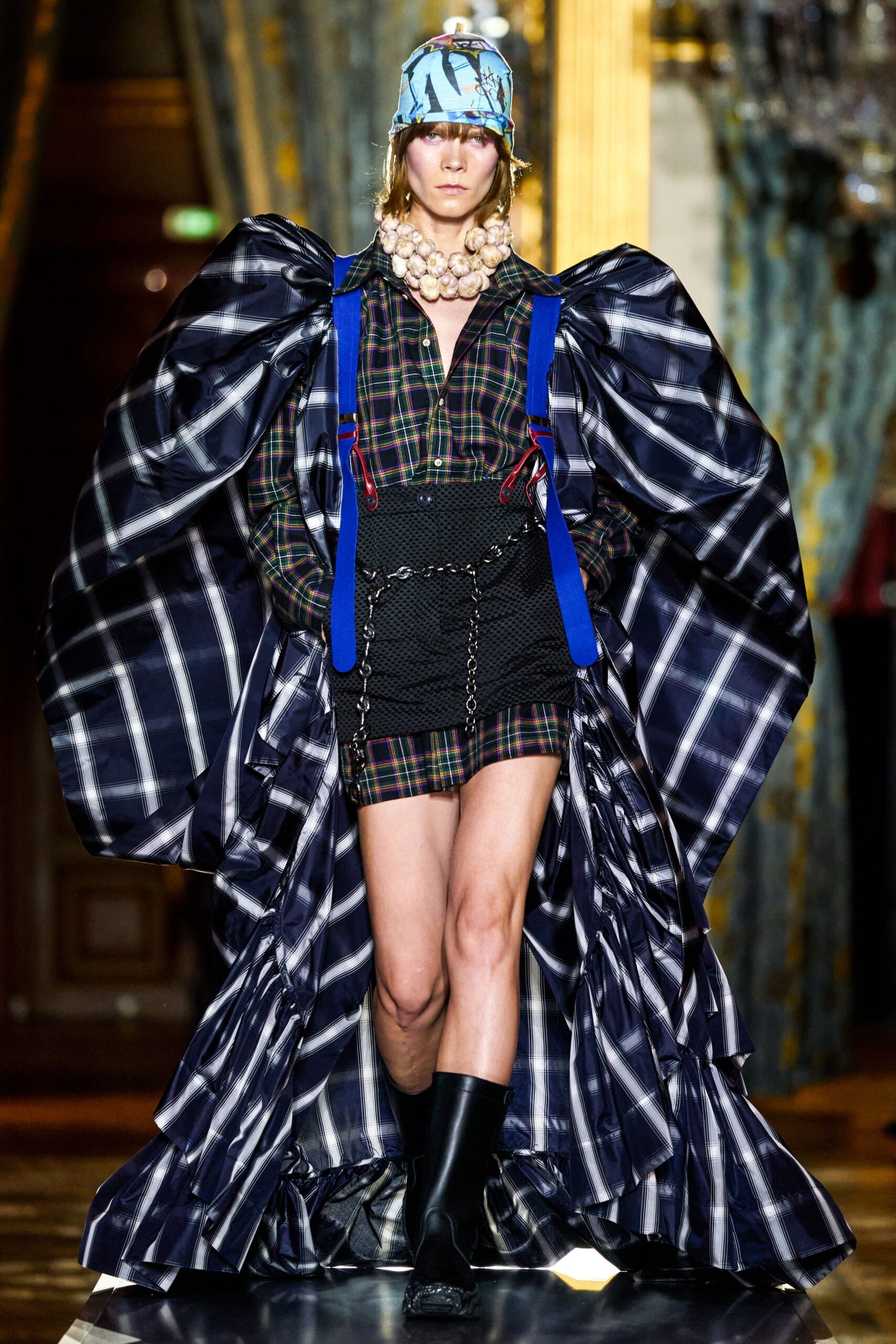 blue plaid mini dress with cape